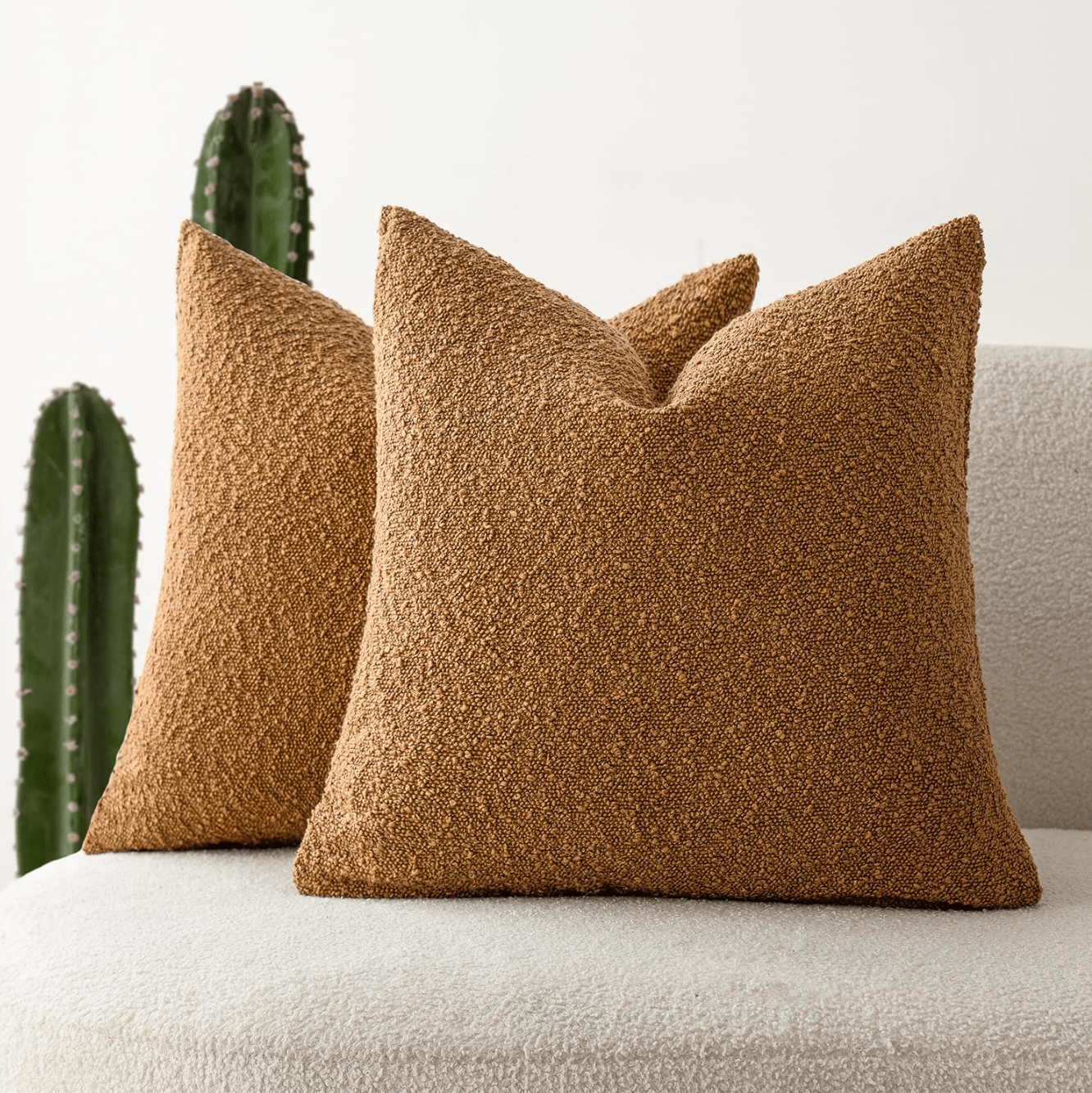 Pack of 2 Textured Boucle Throw Pillow Covers - Cozy Soft Decorative Cushion Cases for Couch, Chair, Sofa, Bedroom, Living Room - 18x18 Inch, Oatmeal, Beige, Tobacco, Camel Tobacco