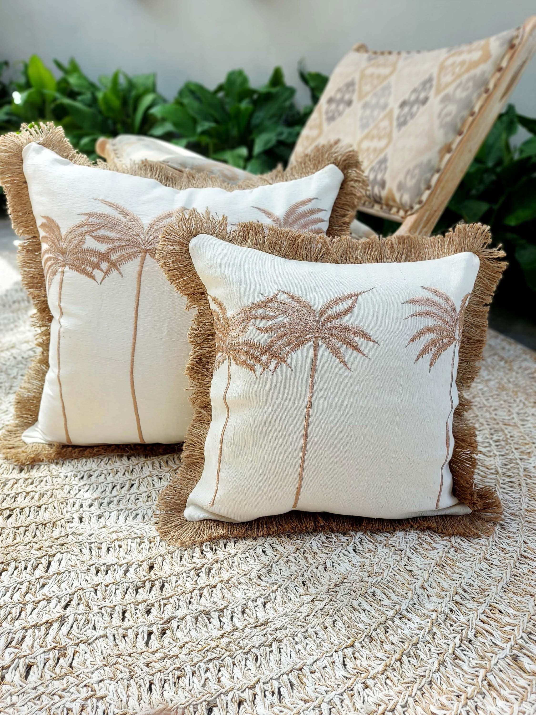 Palm Trees Cushion Cover with Burlap Fringes, 45x45cm, Tropical Accent Pillow Case, Square Lumbar Pillow for Beach Home Decor