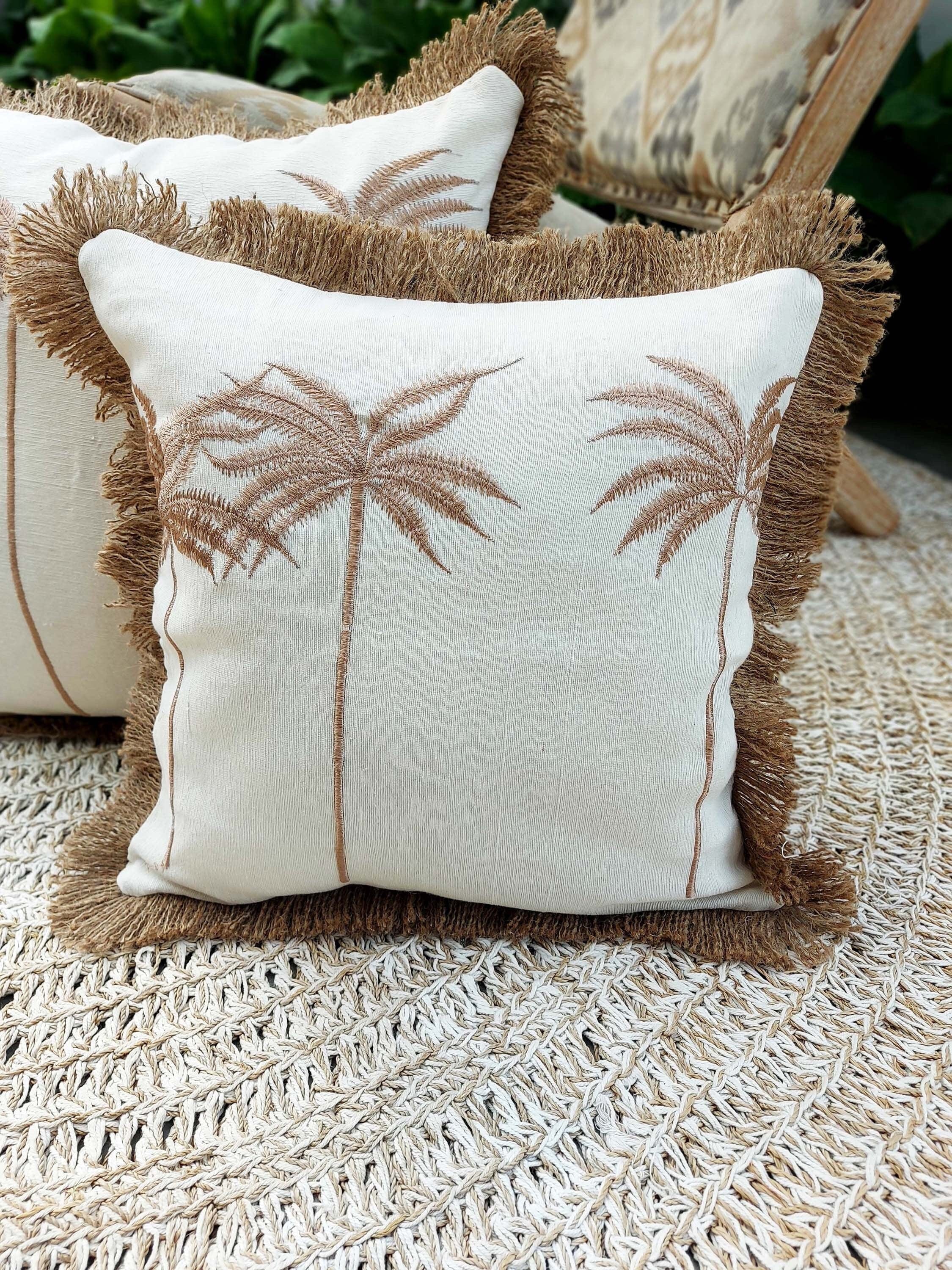 Palm Trees Cushion Cover with Burlap Fringes, 45x45cm, Tropical Accent Pillow Case, Square Lumbar Pillow for Beach Home Decor