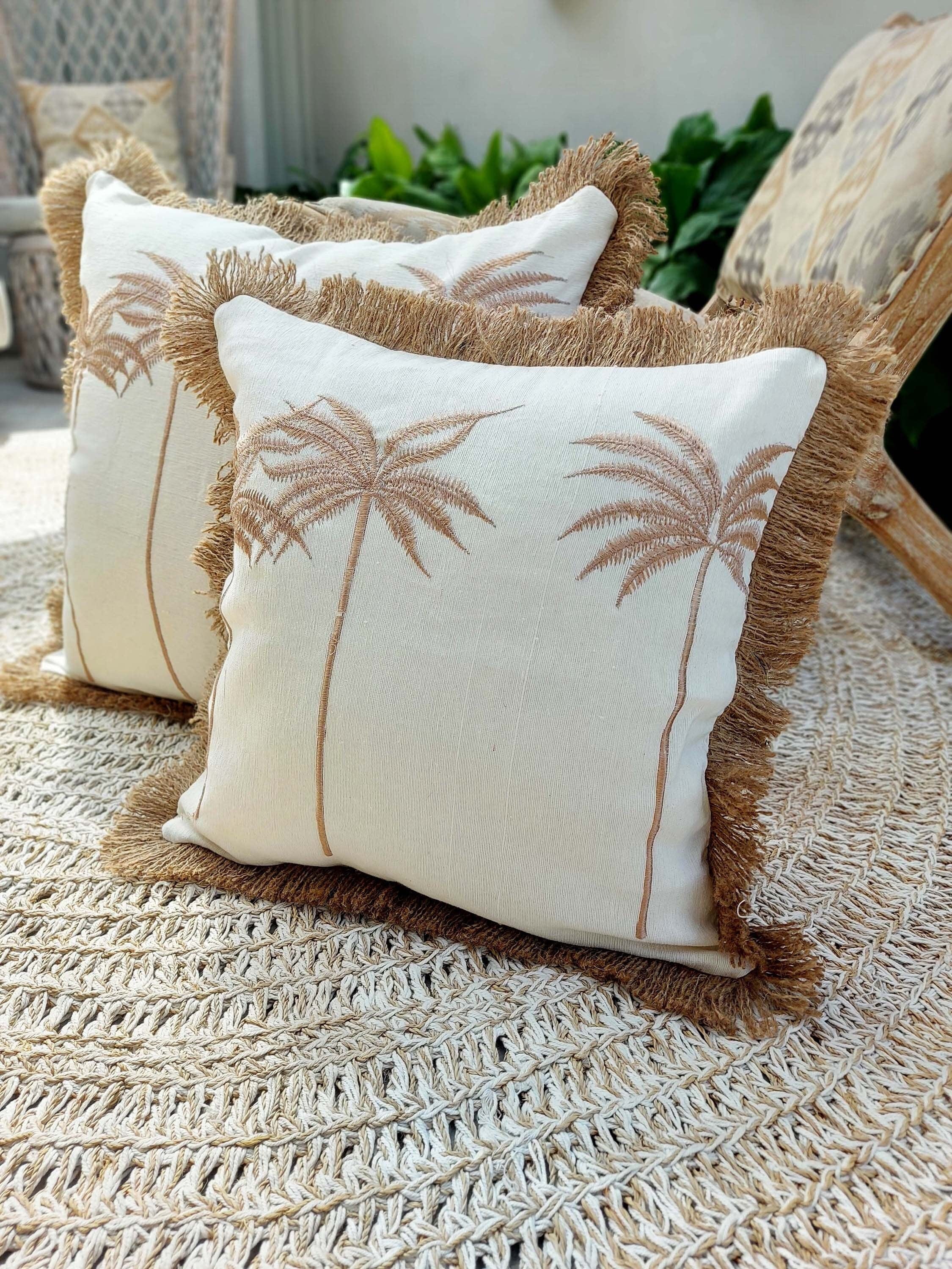 Palm Trees Cushion Cover with Burlap Fringes, 45x45cm, Tropical Accent Pillow Case, Square Lumbar Pillow for Beach Home Decor