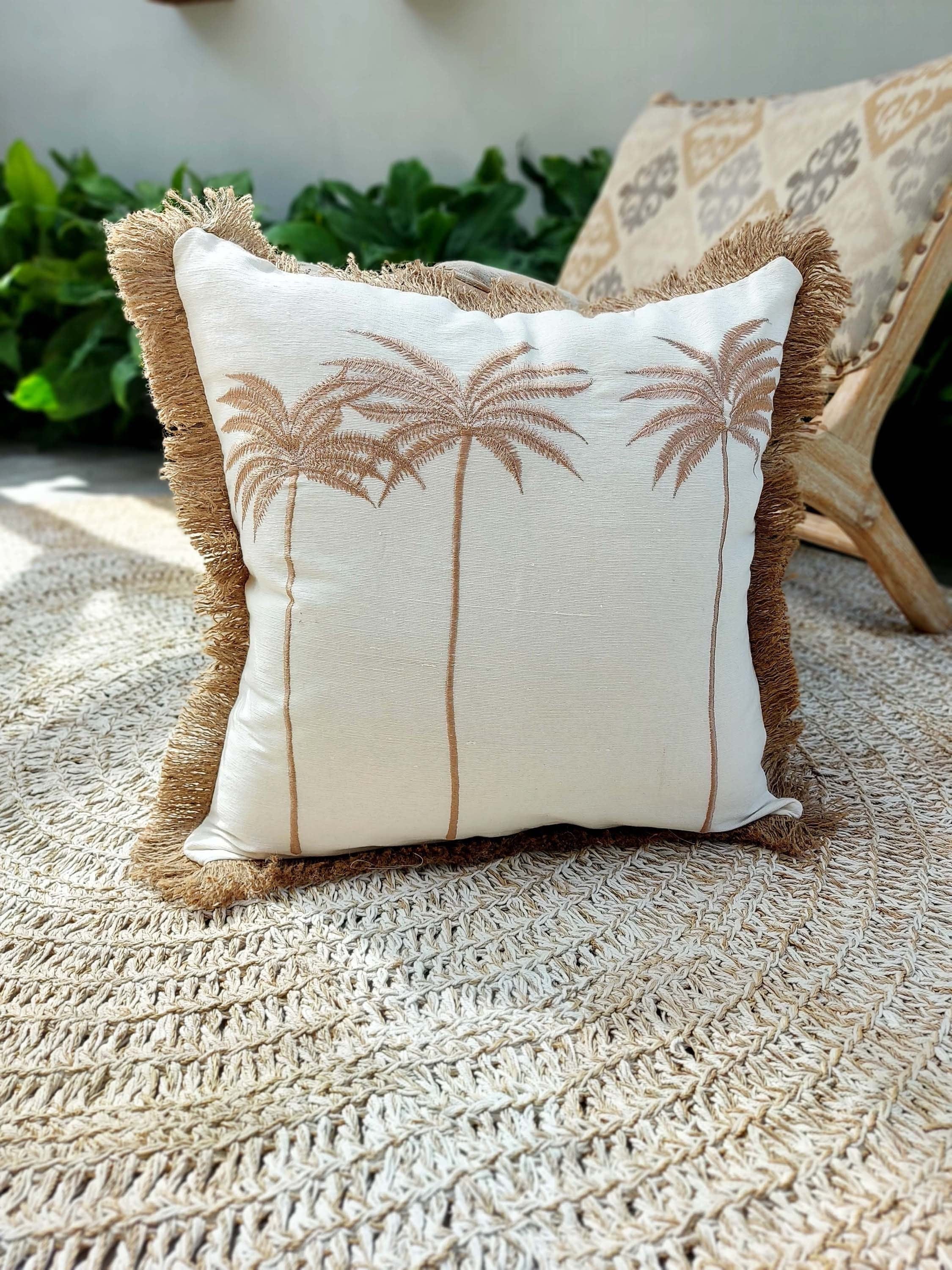 Palm Trees Cushion Cover with Burlap Fringes, 45x45cm, Tropical Accent Pillow Case, Square Lumbar Pillow for Beach Home Decor