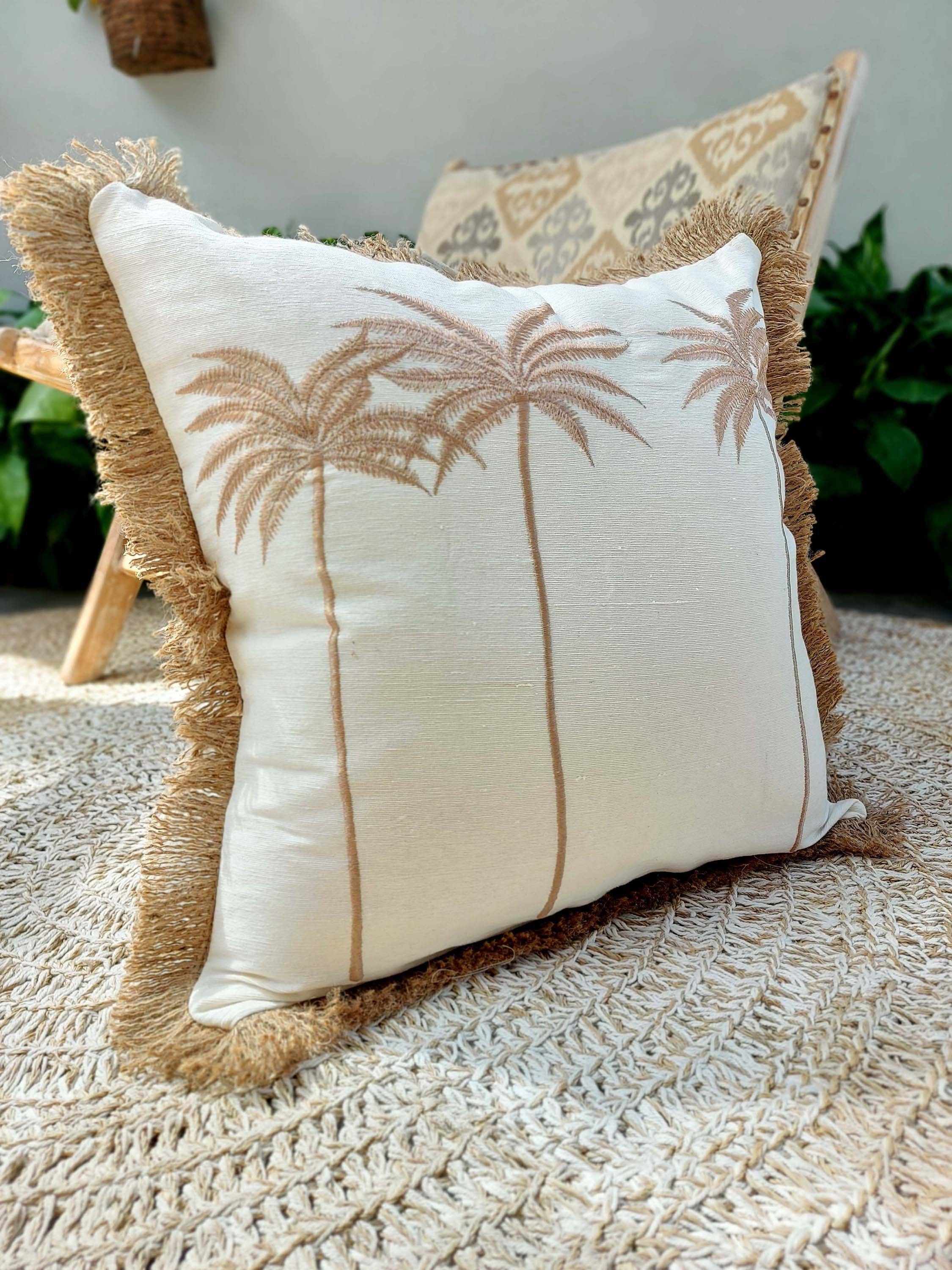 Palm Trees Cushion Cover with Burlap Fringes, 45x45cm, Tropical Accent Pillow Case, Square Lumbar Pillow for Beach Home Decor