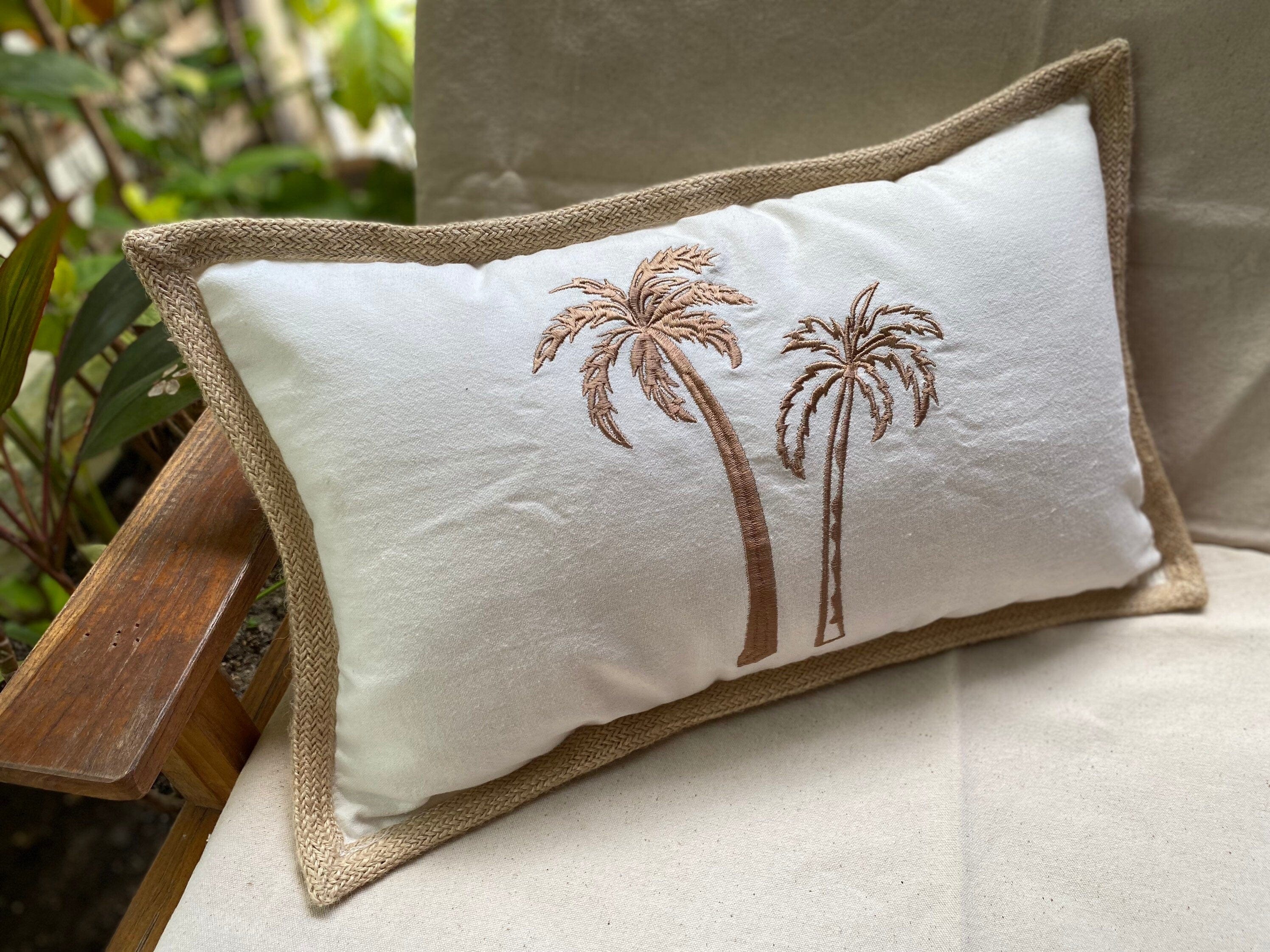 Palm Trees Embroidered Lumbar Pillow Case, 12x20 Inch, Coastal Beach Home Decor Cushion Cover