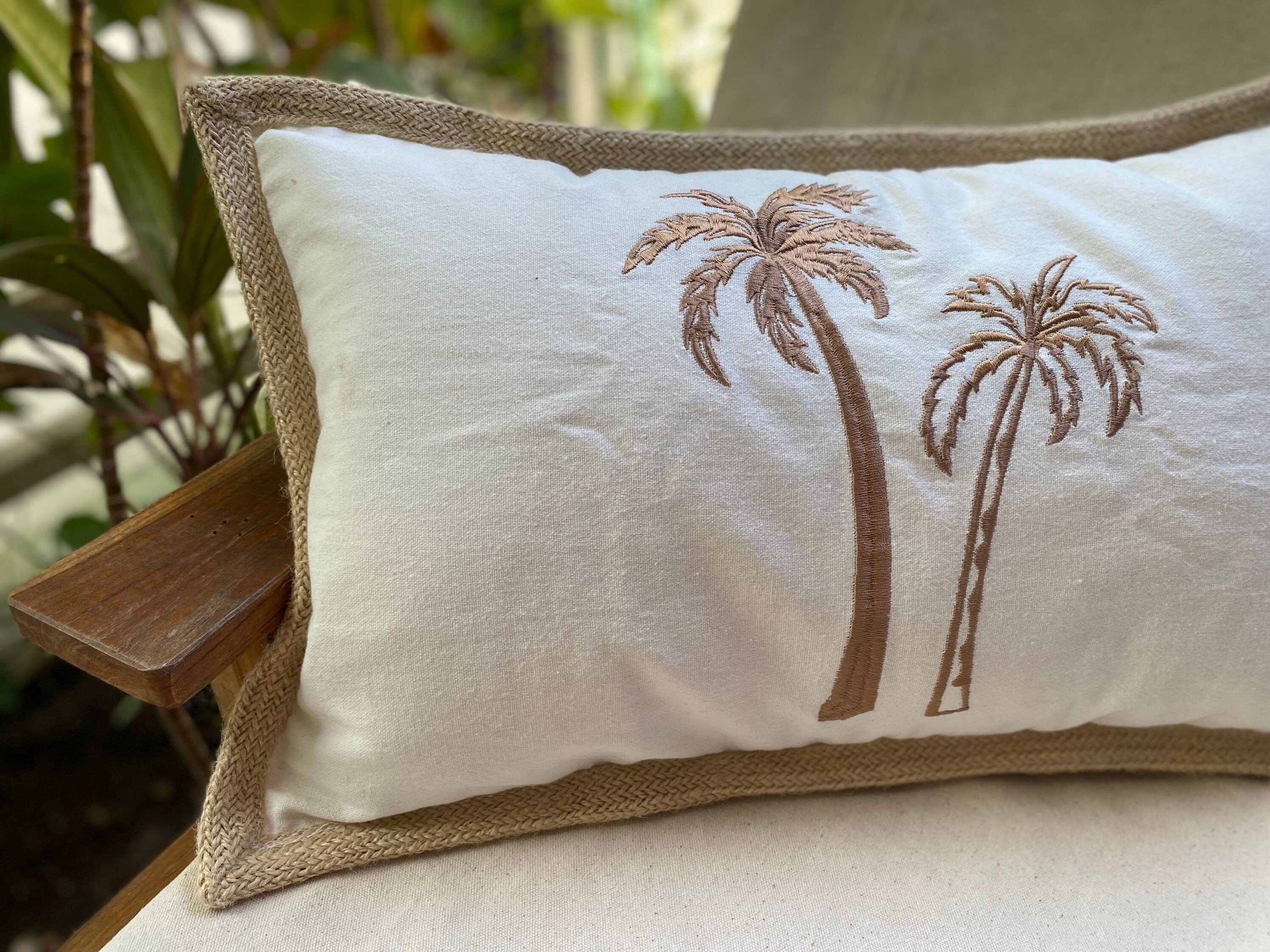 Palm Trees Embroidered Lumbar Pillow Case, 12x20 Inch, Coastal Beach Home Decor Cushion Cover