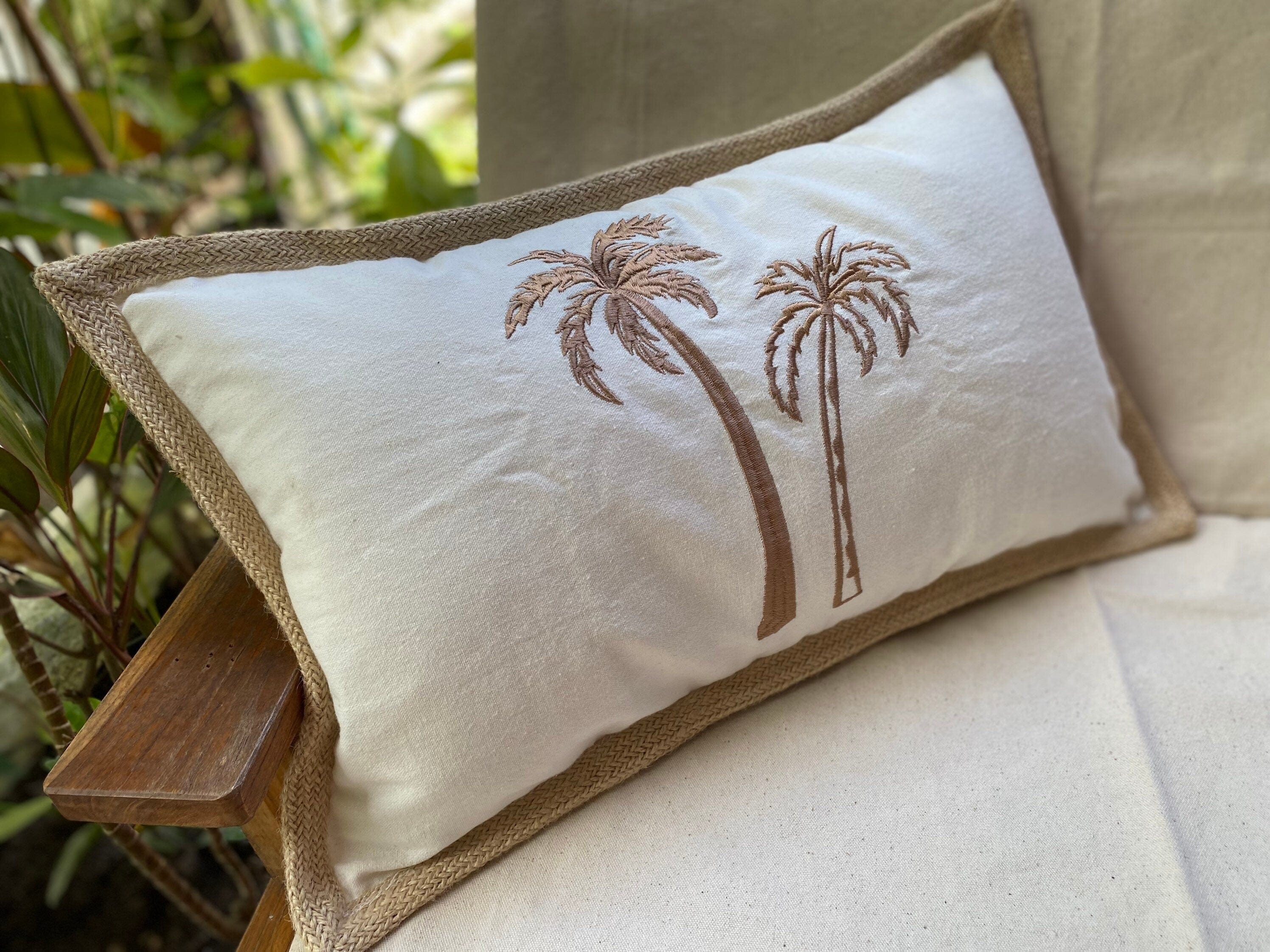 Palm Trees Embroidered Lumbar Pillow Case, 12x20 Inch, Coastal Beach Home Decor Cushion Cover