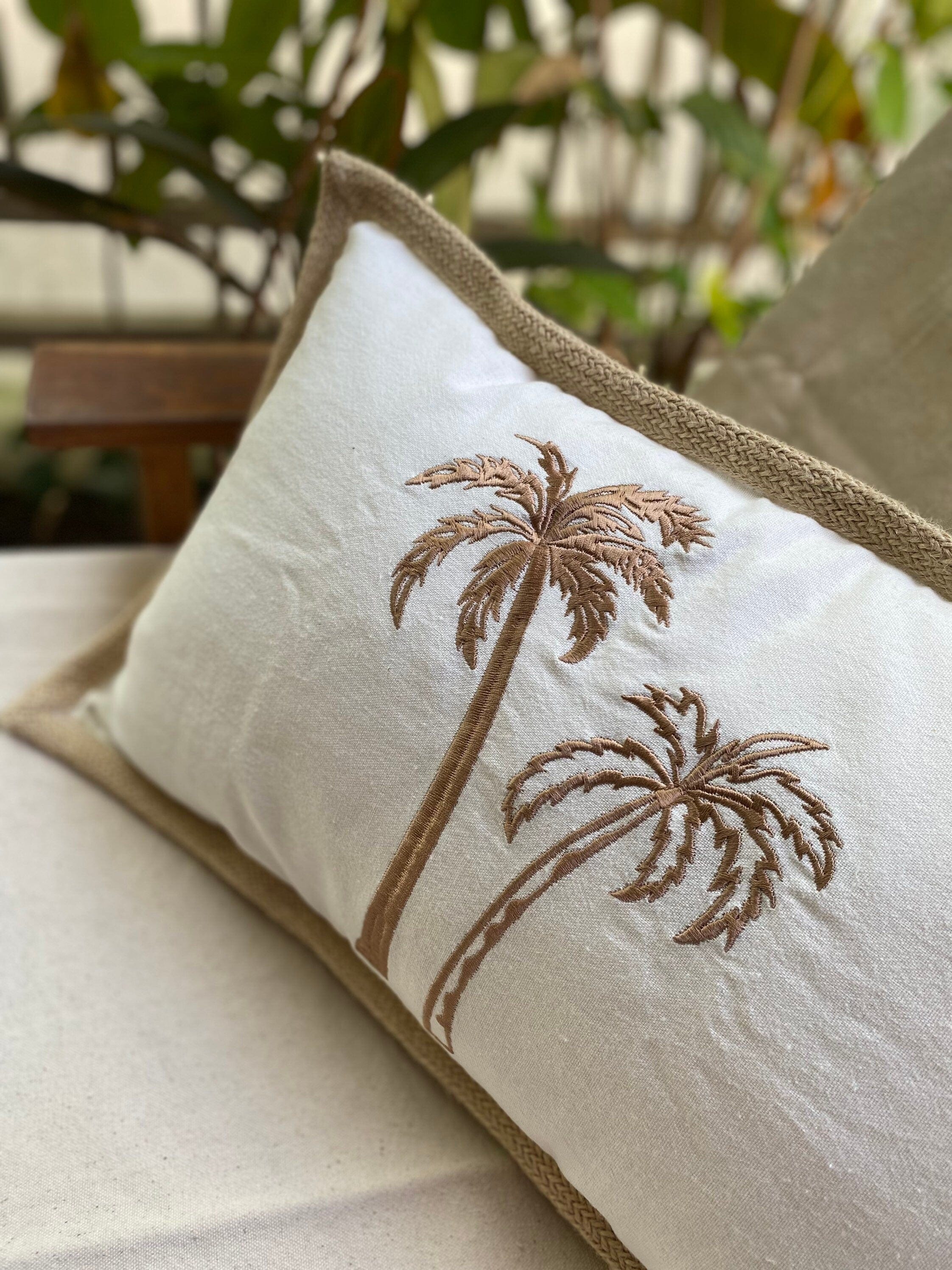 Palm Trees Embroidered Lumbar Pillow Case, 12x20 Inch, Coastal Beach Home Decor Cushion Cover