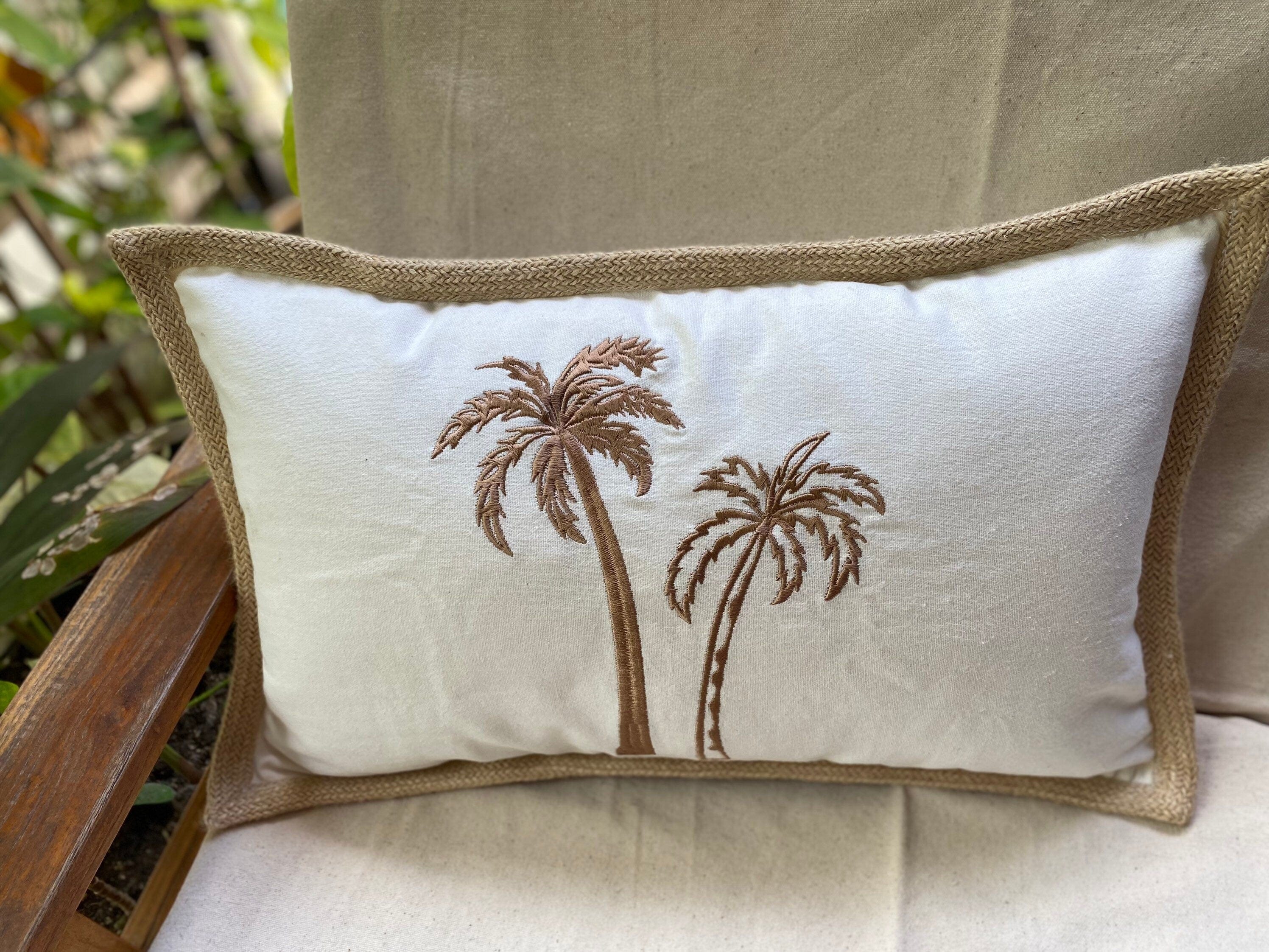 Palm Trees Embroidered Lumbar Pillow Case, 12x20 Inch, Coastal Beach Home Decor Cushion Cover