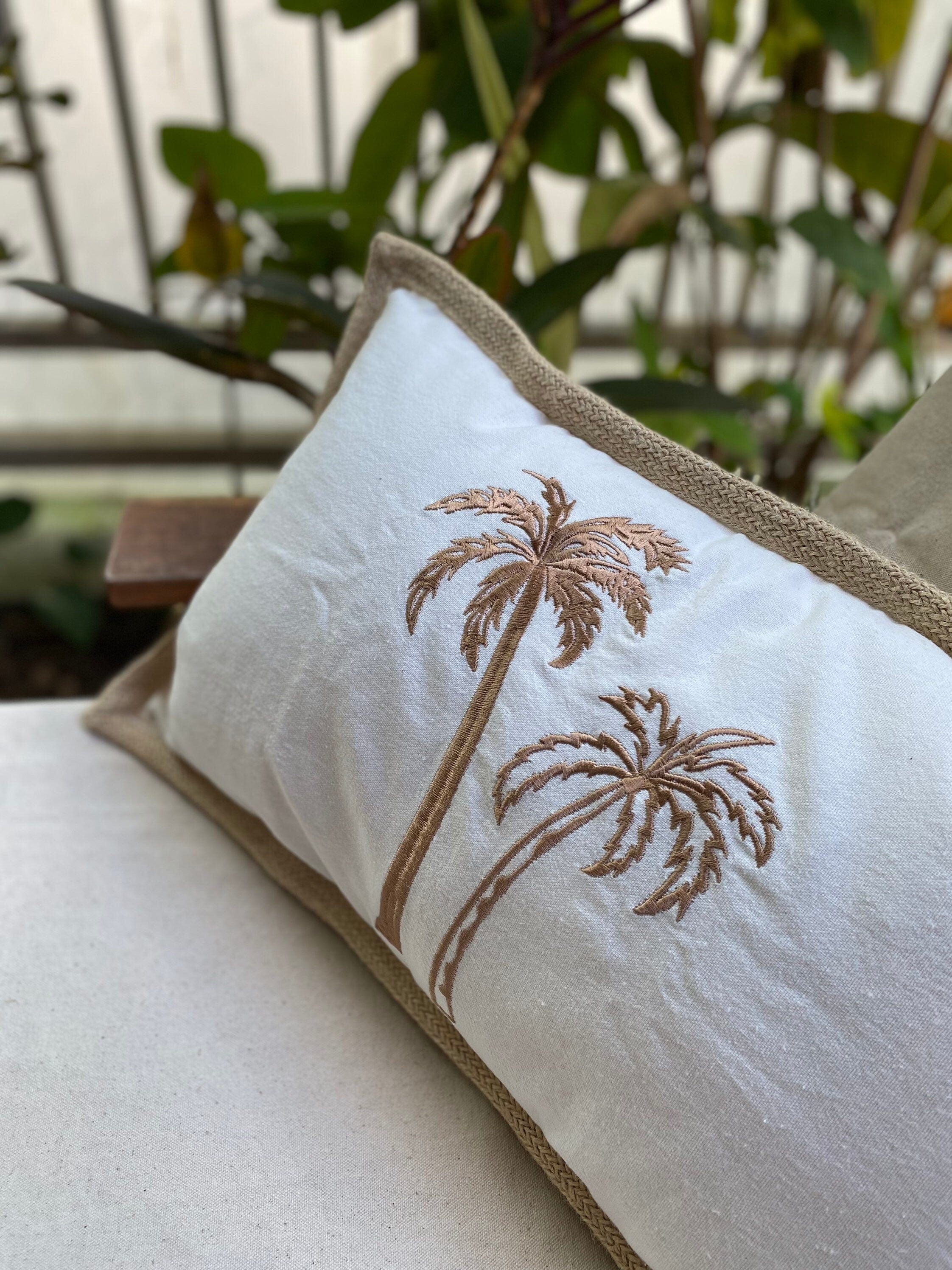 Palm Trees Embroidered Lumbar Pillow Case, 12x20 Inch, Coastal Beach Home Decor Cushion Cover