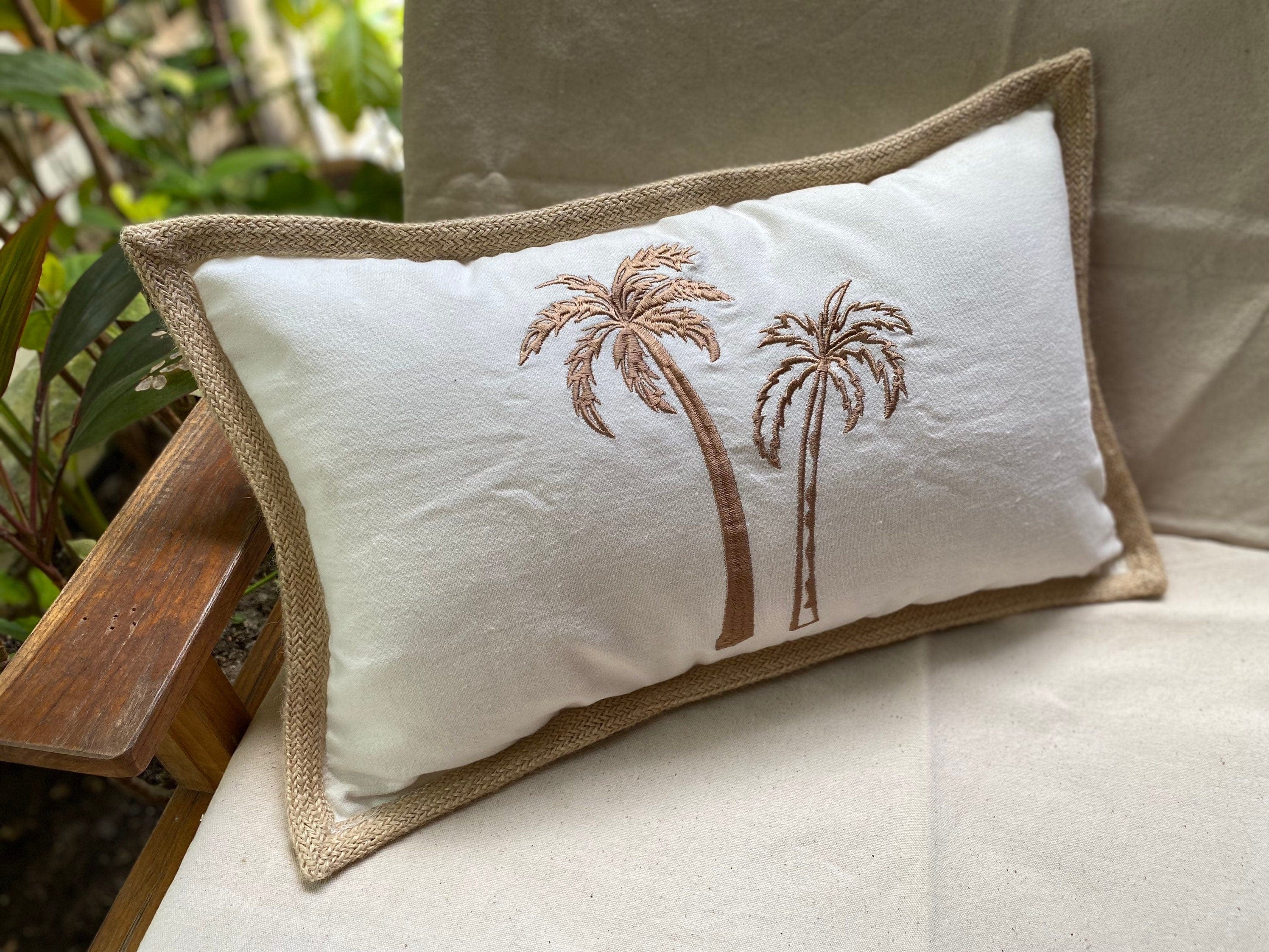 Palm Trees Embroidered Lumbar Pillow Case, 12x20 Inch, Coastal Beach Home Decor Cushion Cover