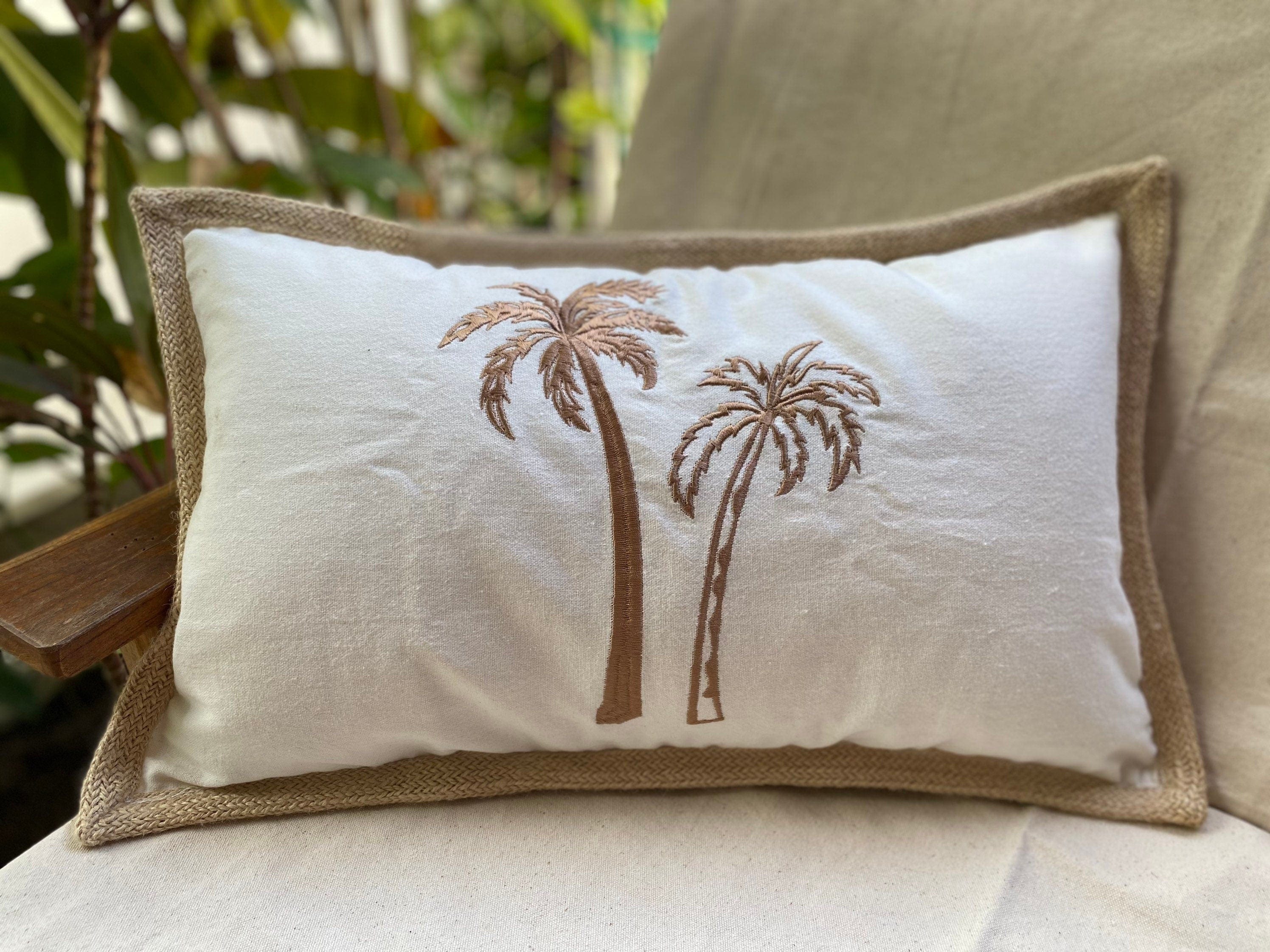 Palm Trees Embroidered Lumbar Pillow Case, 12x20 Inch, Coastal Beach Home Decor Cushion Cover