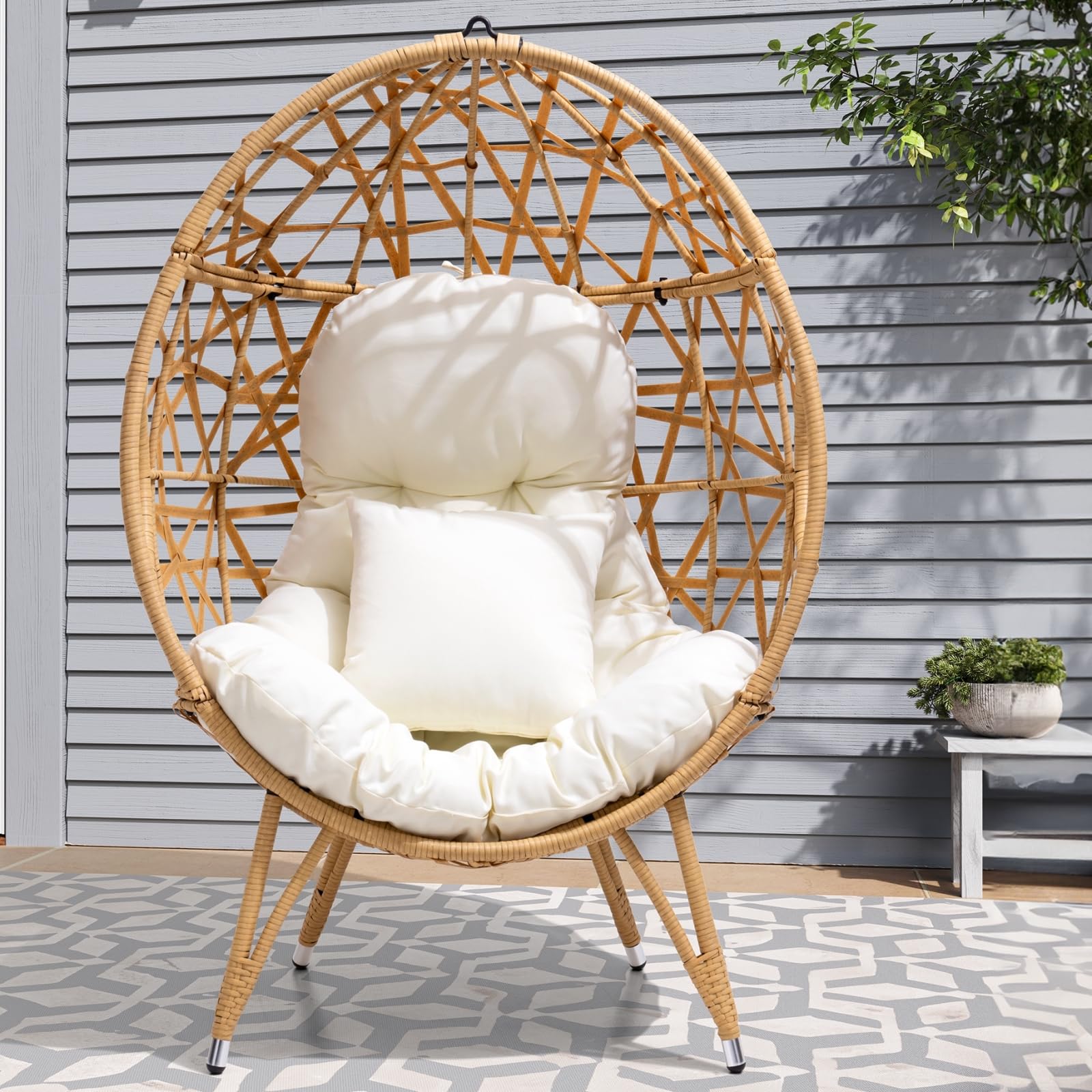 Patio Wicker Egg Chair with Cushion and Pillow | Oversized Rattan Hanging Basket Lounge Chair with Legs for Indoor and Outdoor Use | Beige Teardrop Cuddle Chair for Bedroom, Garden, Deck, Balcony