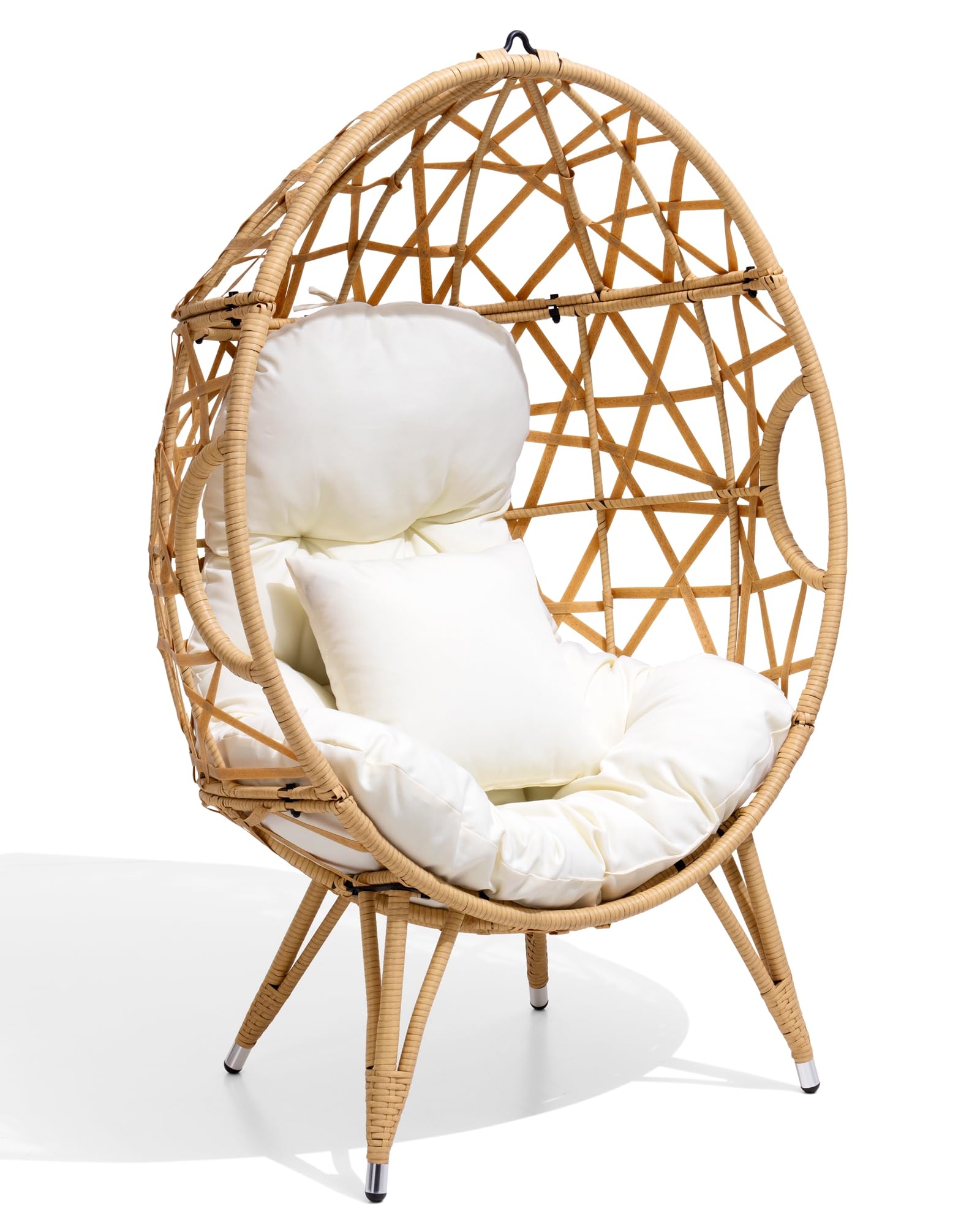 Patio Wicker Egg Chair with Cushion and Pillow | Oversized Rattan Hanging Basket Lounge Chair with Legs for Indoor and Outdoor Use | Beige Teardrop Cuddle Chair for Bedroom, Garden, Deck, Balcony