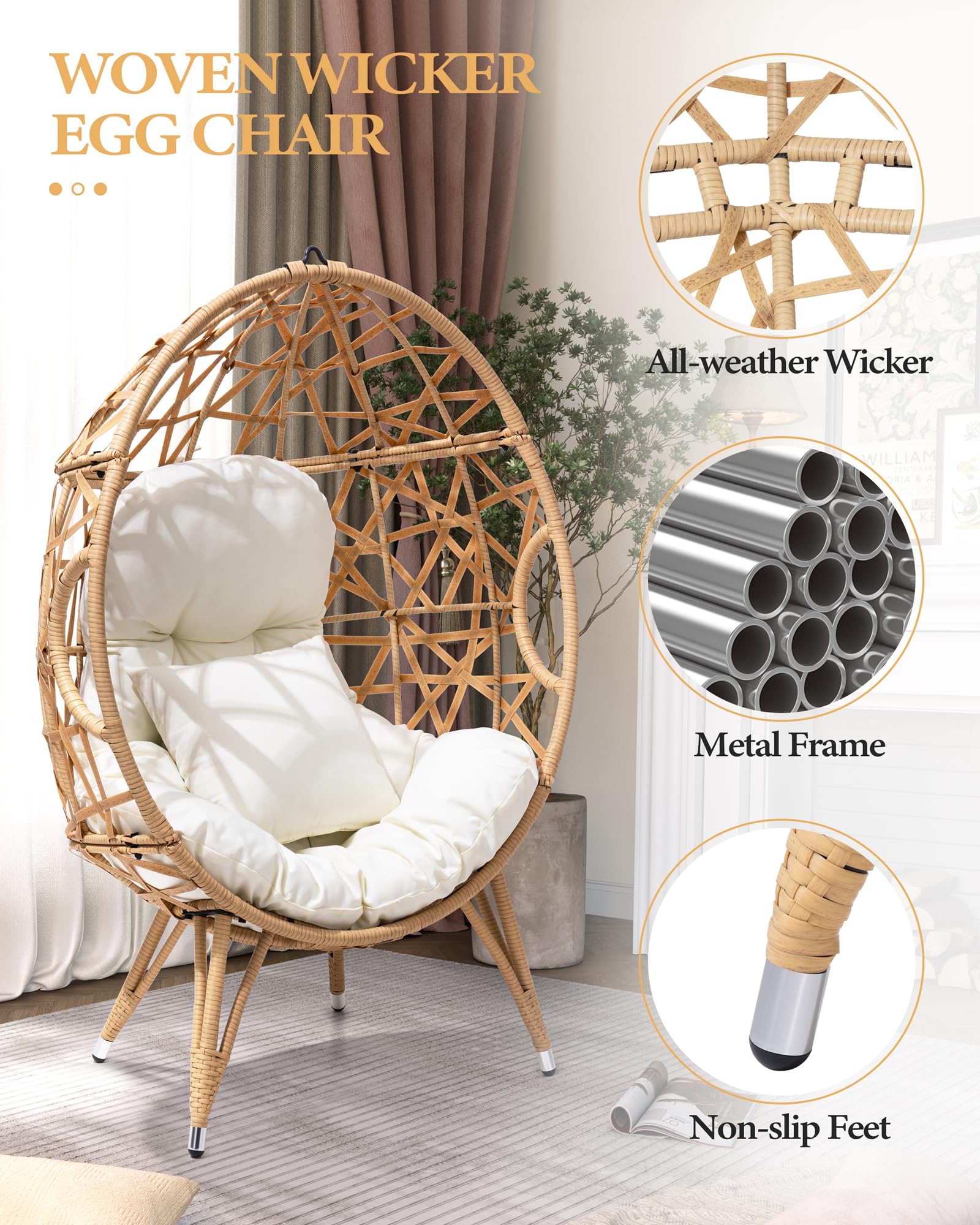 Patio Wicker Egg Chair with Cushion and Pillow | Oversized Rattan Hanging Basket Lounge Chair with Legs for Indoor and Outdoor Use | Beige Teardrop Cuddle Chair for Bedroom, Garden, Deck, Balcony