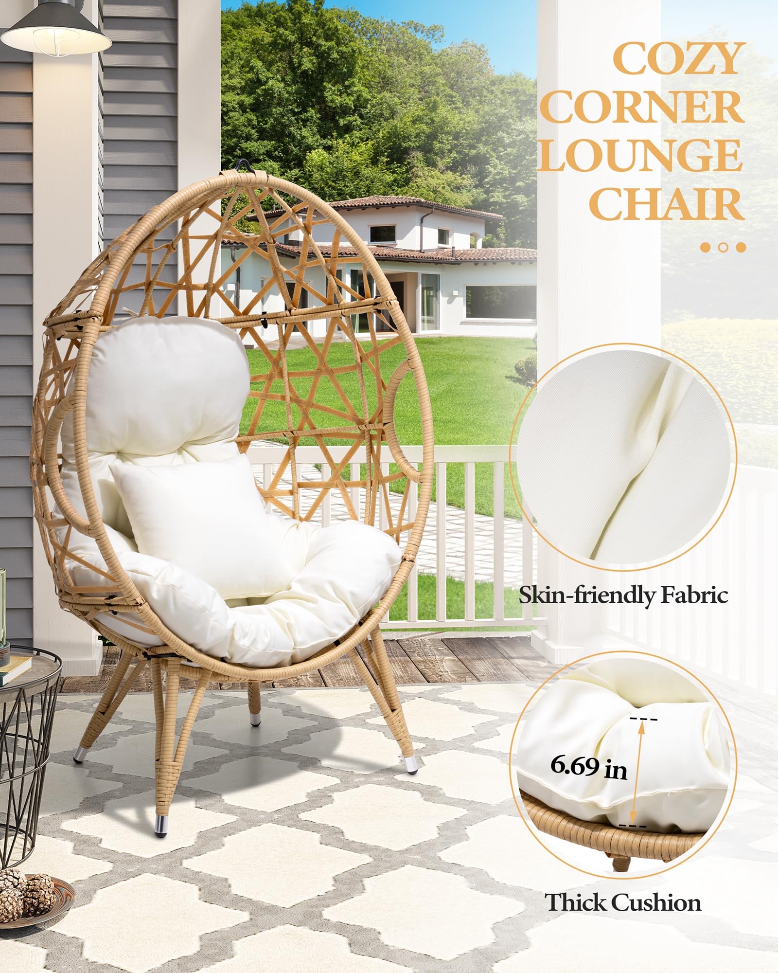 Patio Wicker Egg Chair with Cushion and Pillow | Oversized Rattan Hanging Basket Lounge Chair with Legs for Indoor and Outdoor Use | Beige Teardrop Cuddle Chair for Bedroom, Garden, Deck, Balcony