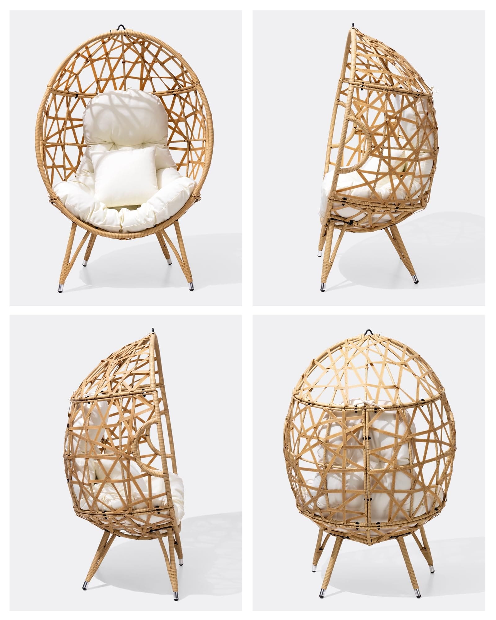 Patio Wicker Egg Chair with Cushion and Pillow | Oversized Rattan Hanging Basket Lounge Chair with Legs for Indoor and Outdoor Use | Beige Teardrop Cuddle Chair for Bedroom, Garden, Deck, Balcony