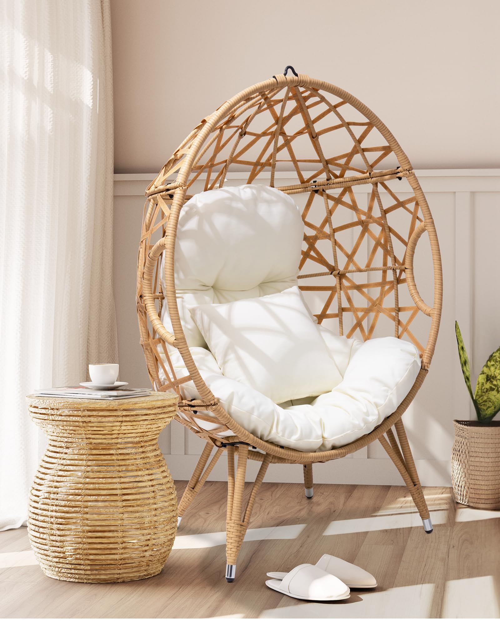 Patio Wicker Egg Chair with Cushion and Pillow | Oversized Rattan Hanging Basket Lounge Chair with Legs for Indoor and Outdoor Use | Beige Teardrop Cuddle Chair for Bedroom, Garden, Deck, Balcony