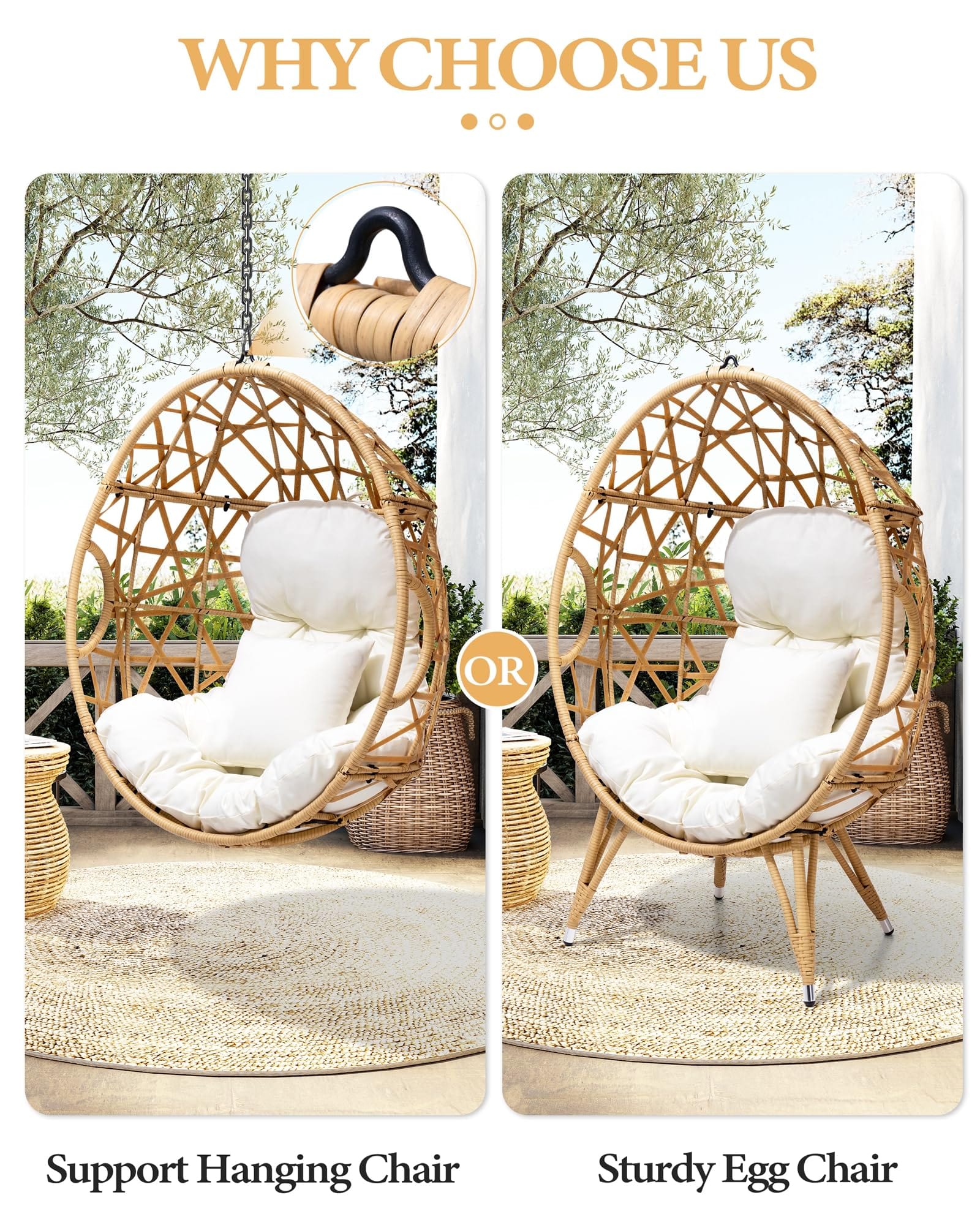 Patio Wicker Egg Chair with Cushion and Pillow | Oversized Rattan Hanging Basket Lounge Chair with Legs for Indoor and Outdoor Use | Beige Teardrop Cuddle Chair for Bedroom, Garden, Deck, Balcony