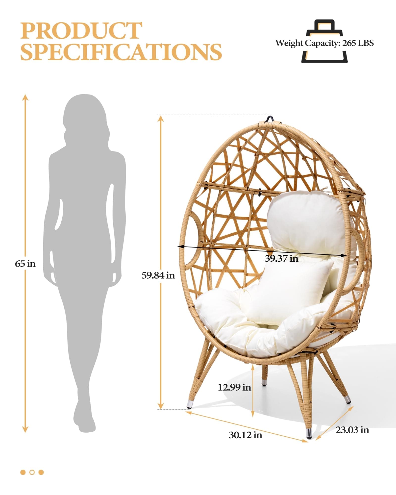 Patio Wicker Egg Chair with Cushion and Pillow | Oversized Rattan Hanging Basket Lounge Chair with Legs for Indoor and Outdoor Use | Beige Teardrop Cuddle Chair for Bedroom, Garden, Deck, Balcony