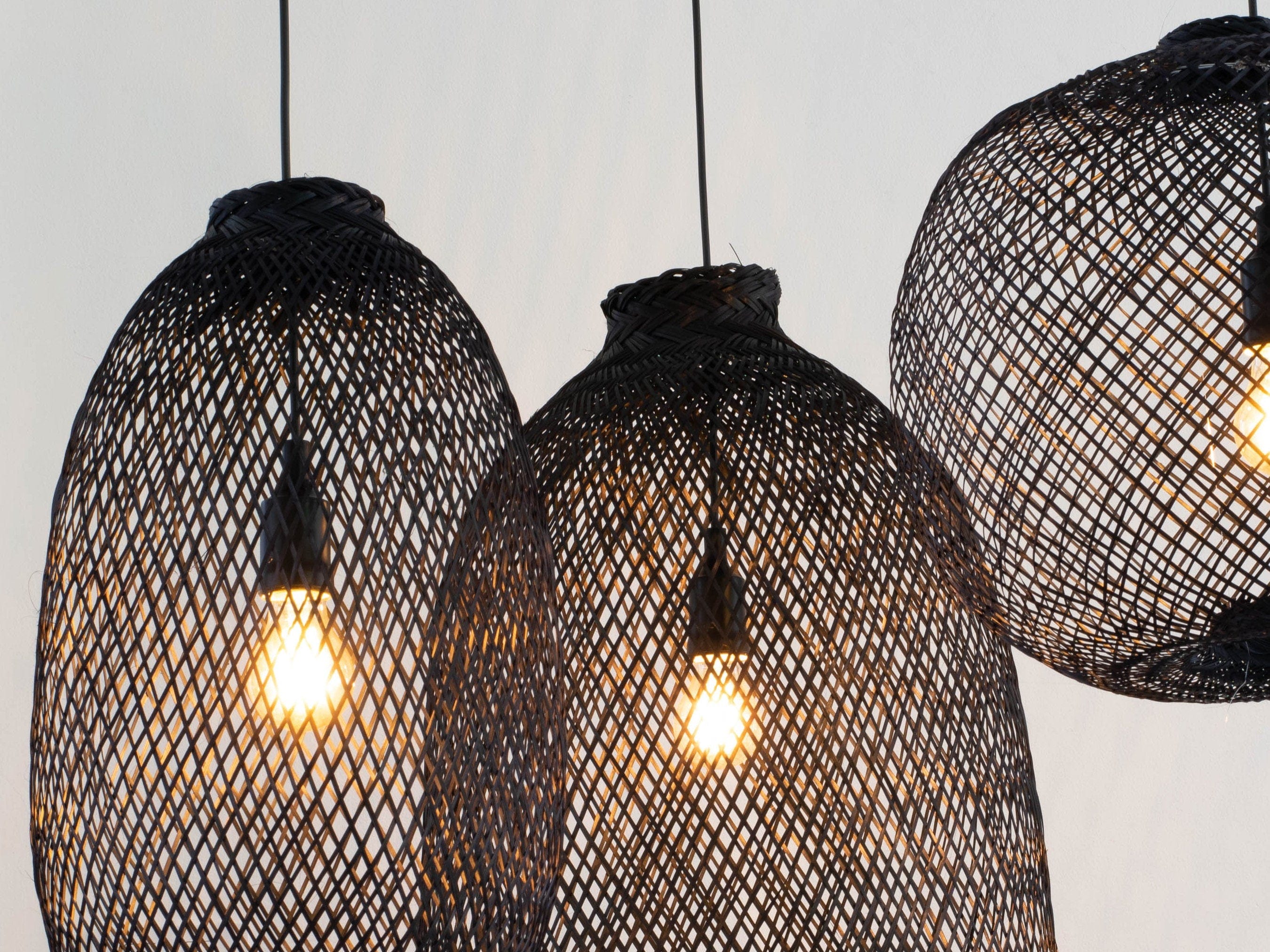 Pre-Order Adjustable Bamboo Pendant Light - Handwoven Black Wicker Basket Lampshade, Expandable Hanging Light Fixture