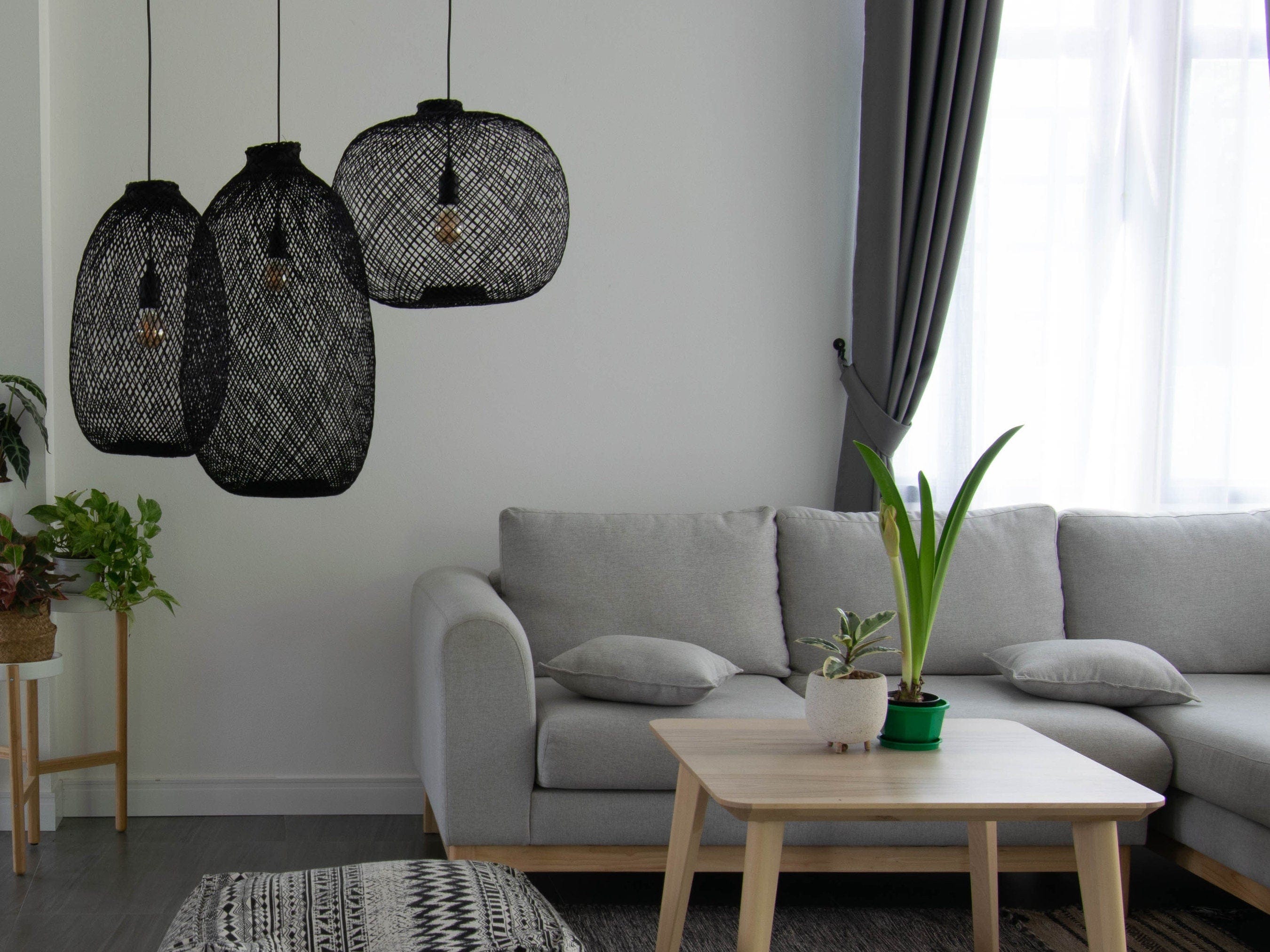 Pre-Order Adjustable Bamboo Pendant Light - Handwoven Black Wicker Basket Lampshade, Expandable Hanging Light Fixture