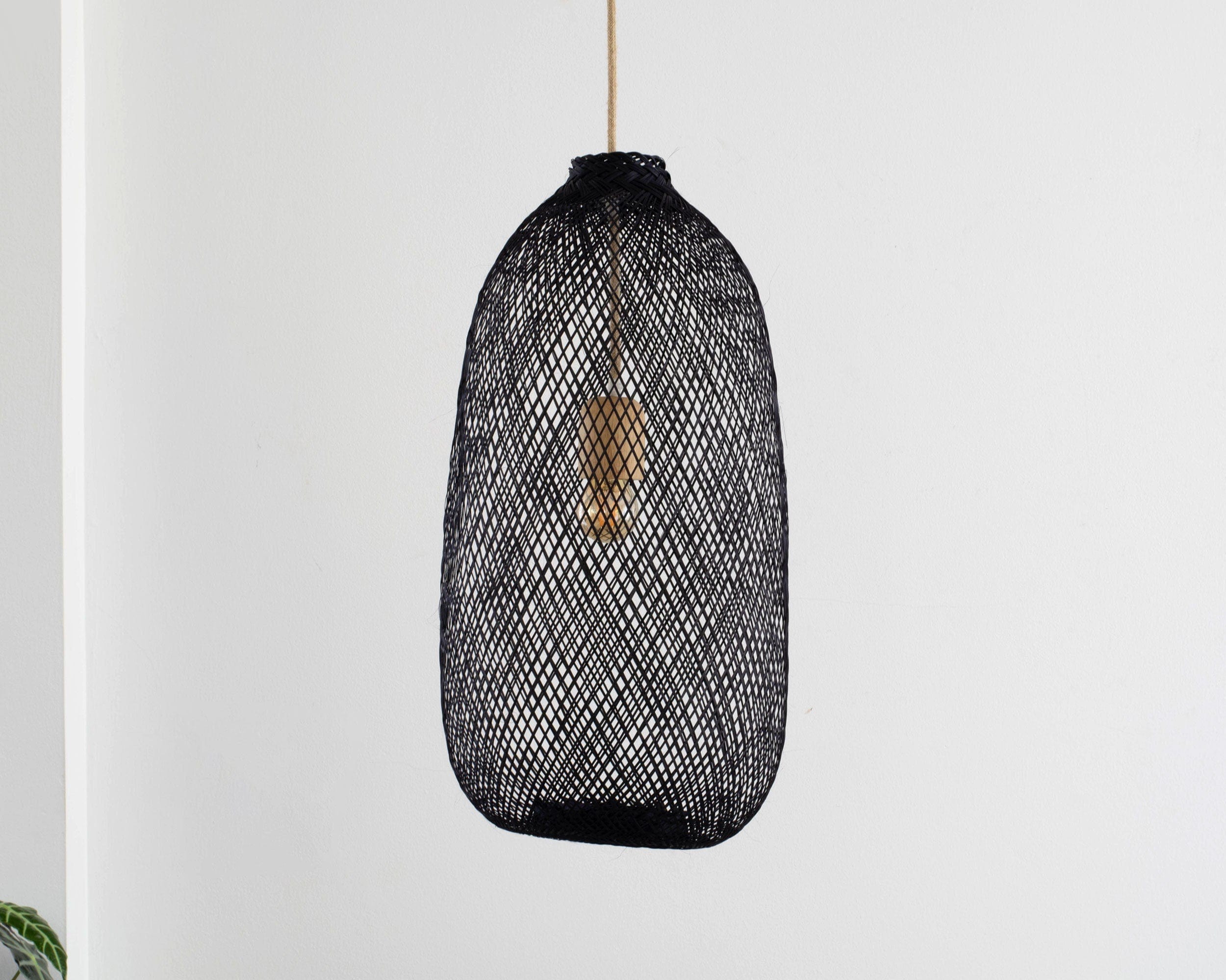 Pre-Order Adjustable Bamboo Pendant Light - Handwoven Black Wicker Basket Lampshade, Expandable Hanging Light Fixture