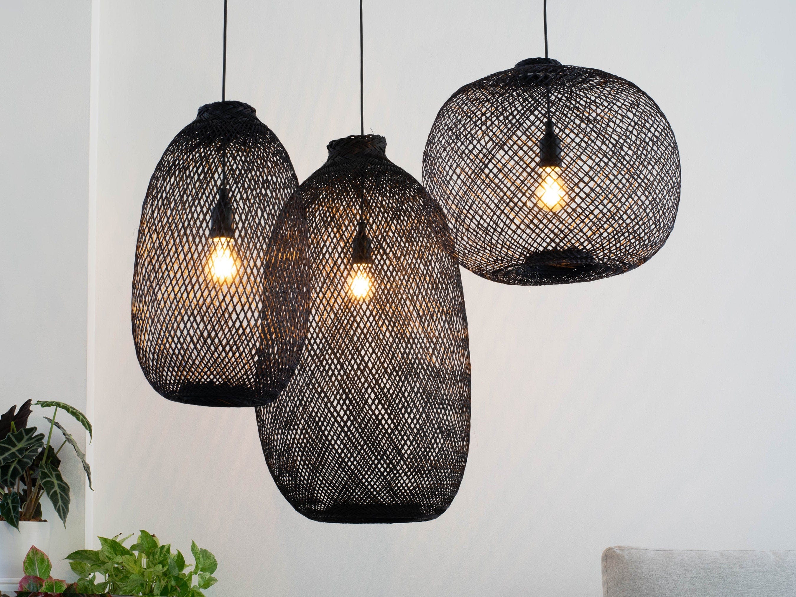 Pre-Order Adjustable Bamboo Pendant Light - Handwoven Black Wicker Basket Lampshade, Expandable Hanging Light Fixture L