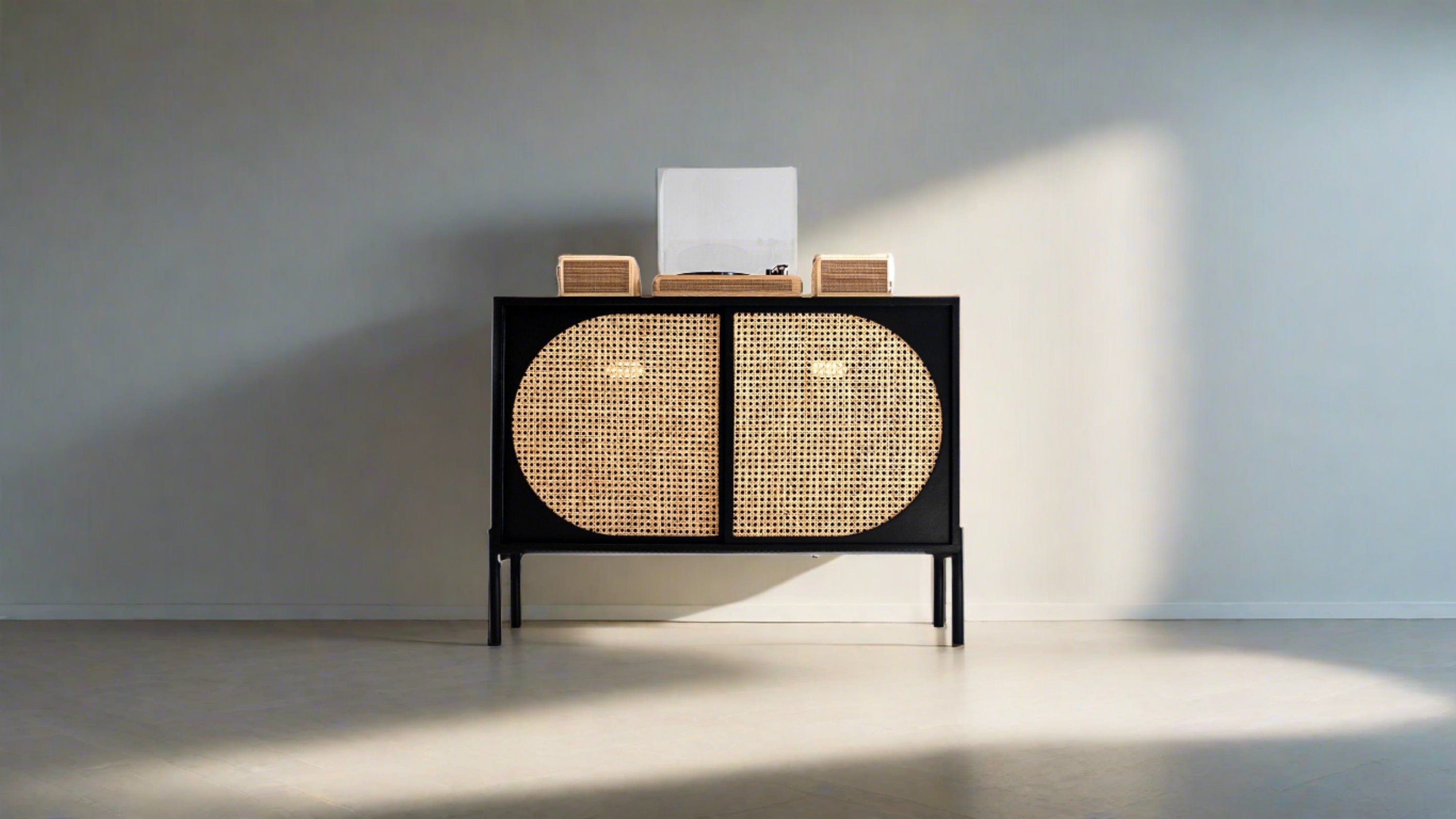 PRE-ORDER Black Art Deco Rattan Record Player Vinyl Storage Console | Handmade with High-Quality Materials | 40" Wide | Unique Desig