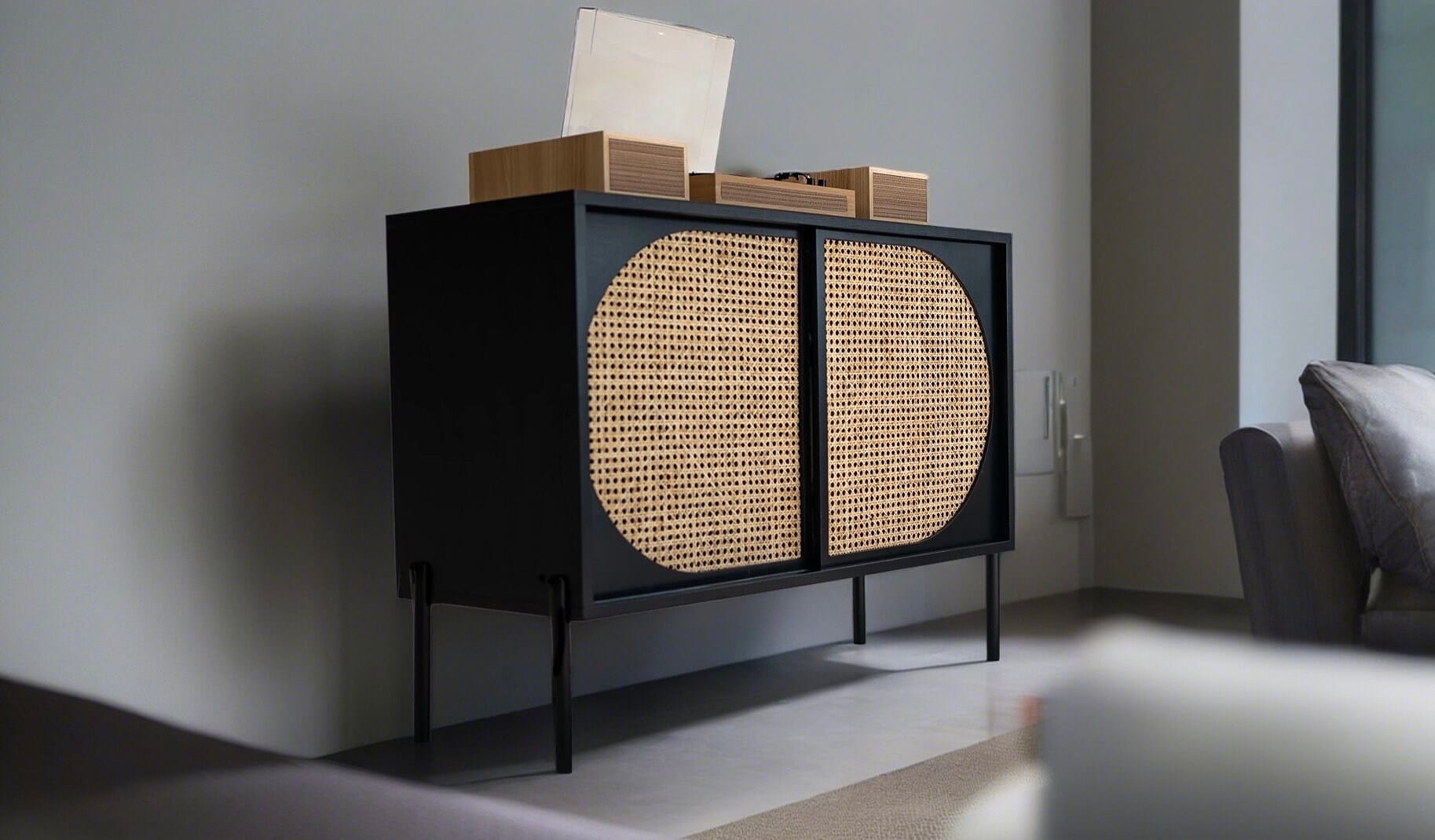 PRE-ORDER Black Art Deco Rattan Record Player Vinyl Storage Console | Handmade with High-Quality Materials | 40" Wide | Unique Desig