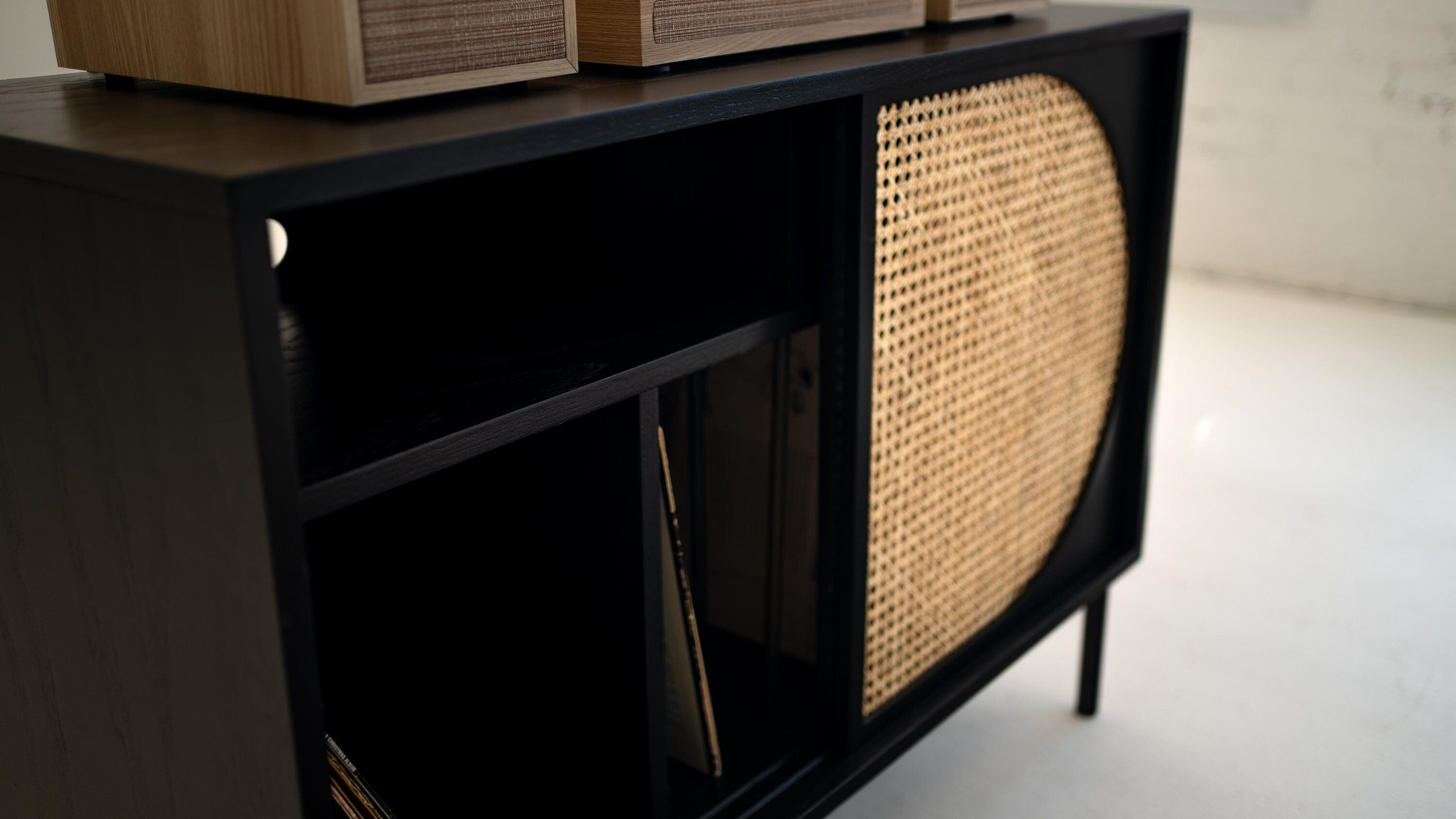 PRE-ORDER Black Art Deco Rattan Record Player Vinyl Storage Console | Handmade with High-Quality Materials | 40" Wide | Unique Desig