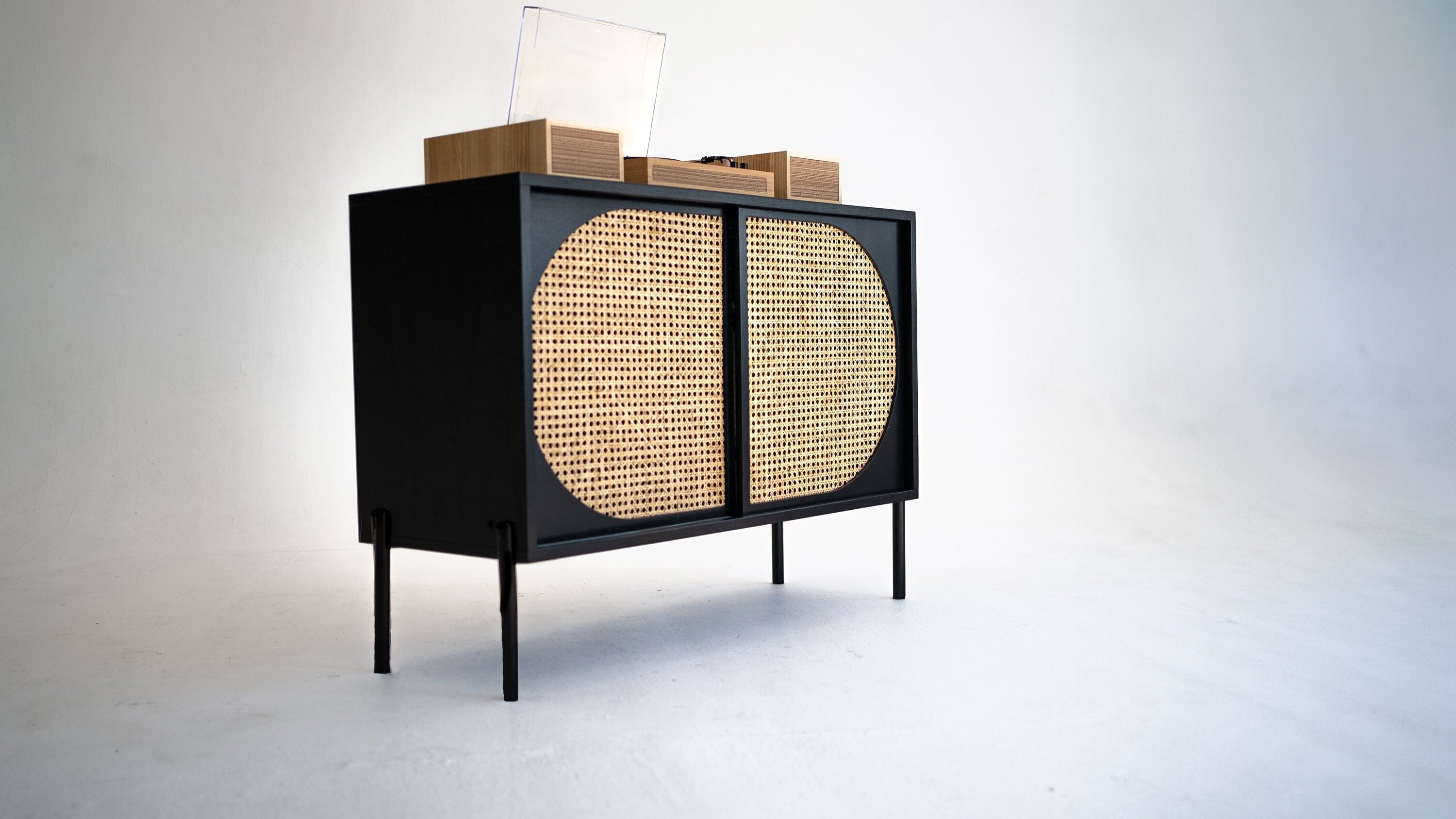 PRE-ORDER Black Art Deco Rattan Record Player Vinyl Storage Console | Handmade with High-Quality Materials | 40" Wide | Unique Desig