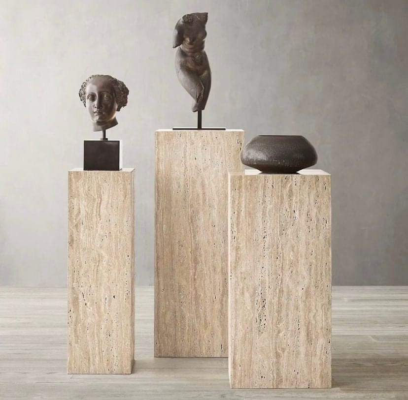 PRE-ORDER Elegant Travertine Block Pedestal Collection – Natural Stone Side and End Tables ( Small-Batch Created)