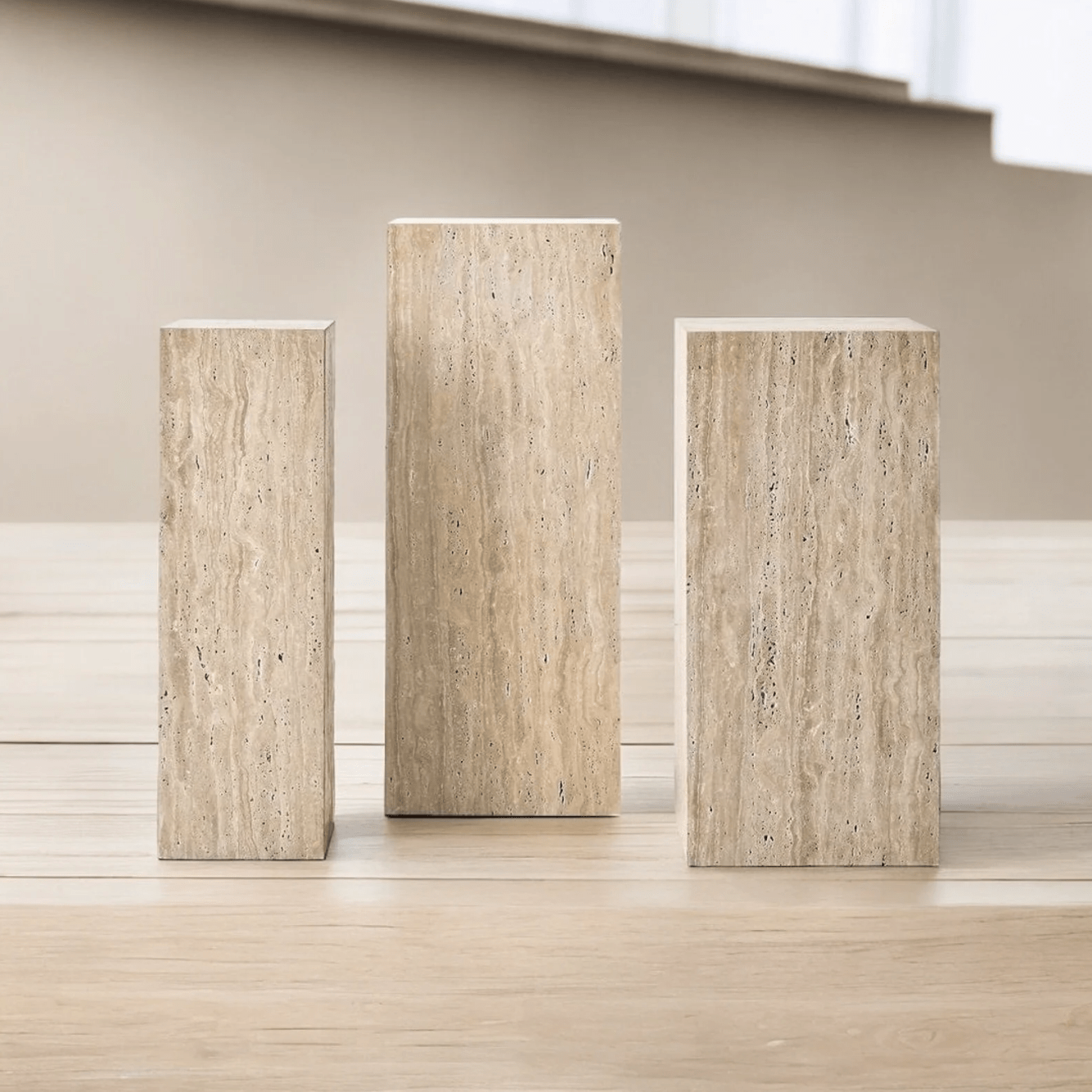 PRE-ORDER Elegant Travertine Block Pedestal Collection – Natural Stone Side and End Tables ( Small-Batch Created) Small