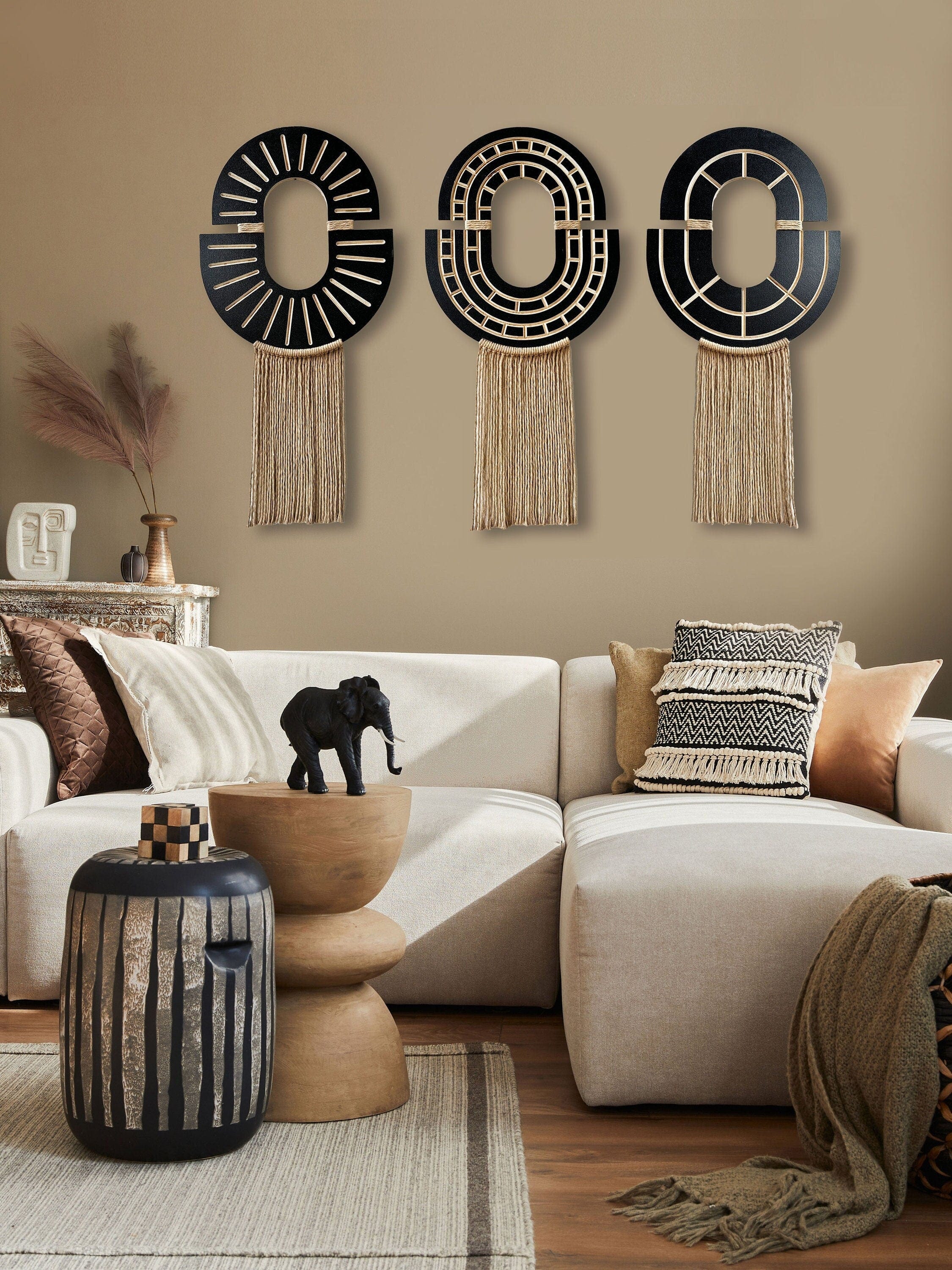 Pre-Order Handcrafted Ethnic Wood Wall Hanging Set | Boho Living Room Decor | 3-Piece Macrame Wall Art