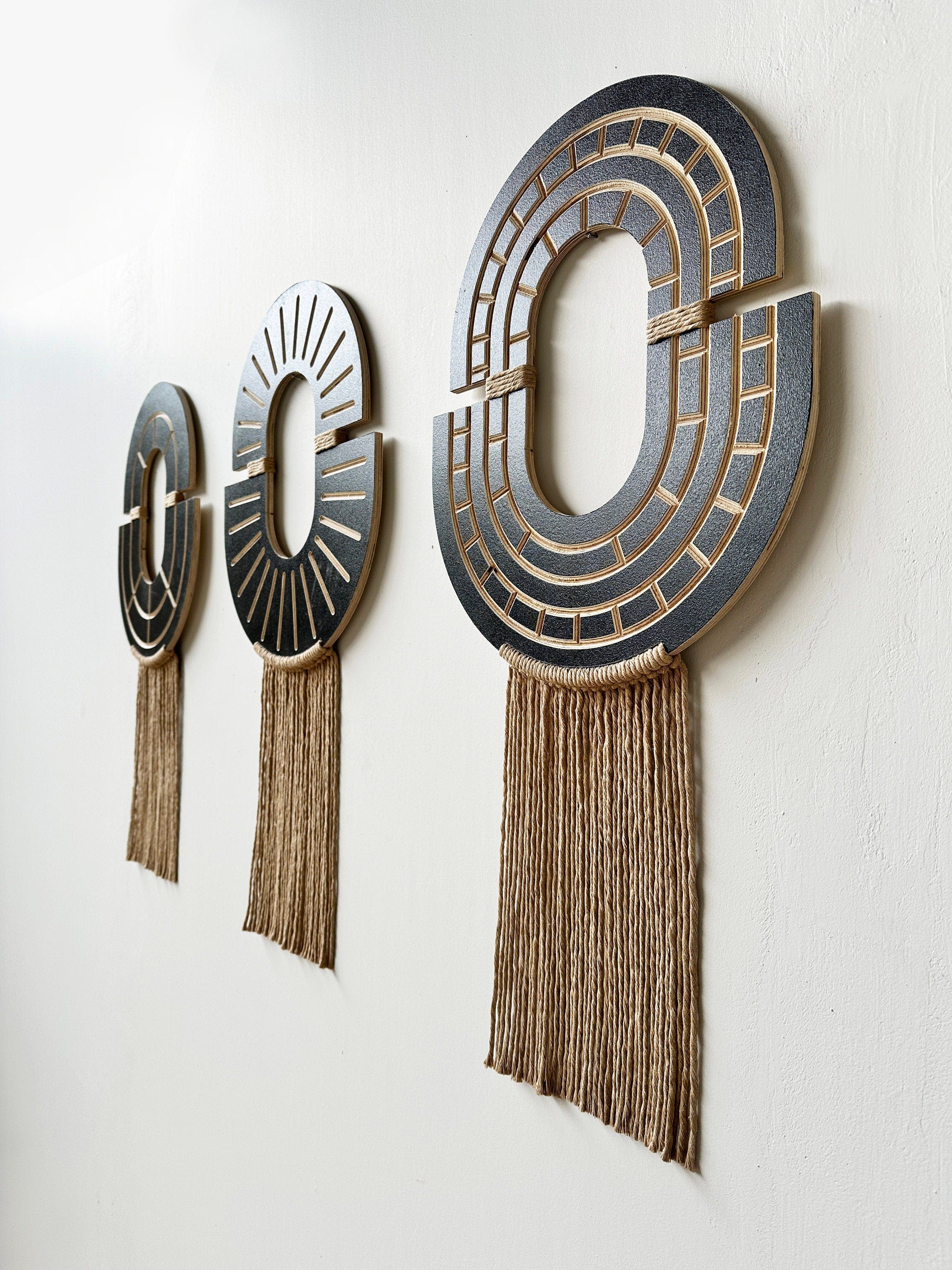 Pre-Order Handcrafted Ethnic Wood Wall Hanging Set | Boho Living Room Decor | 3-Piece Macrame Wall Art