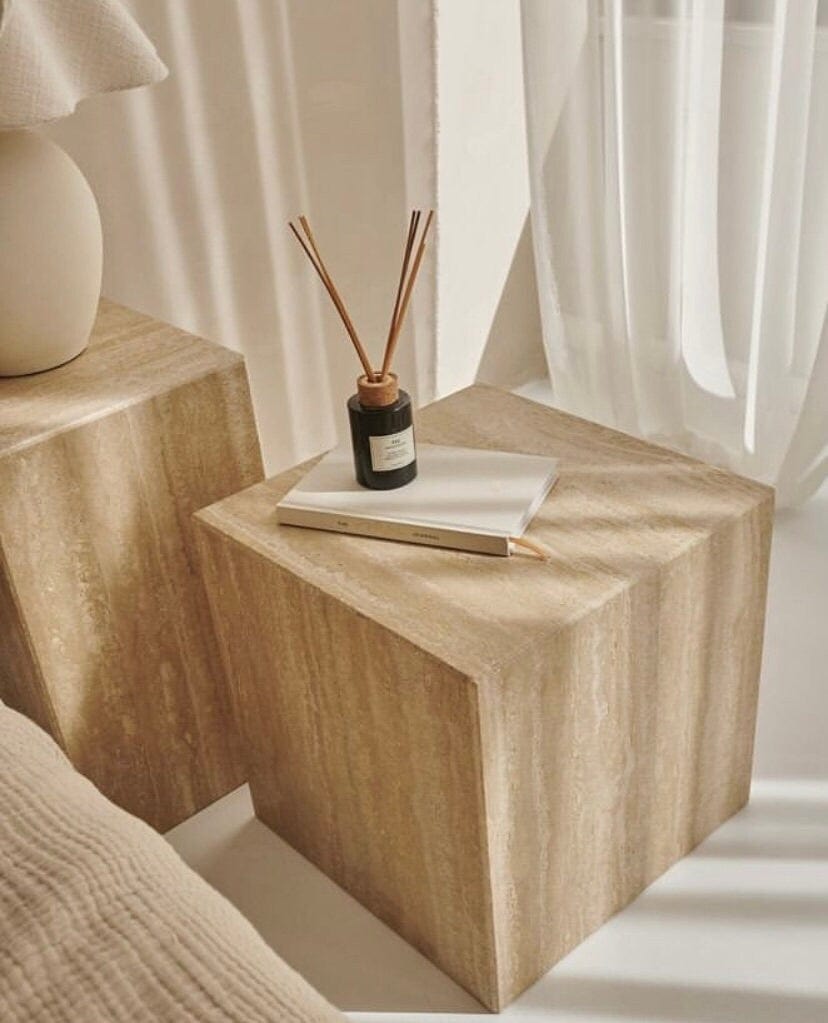 PRE-ORDER Natural Stone Travertine Cube Nightstand | Custom Size Beige Marble End Table | Handcrafted Cubic Side Table | Plinth Table for Living Room or Bedroom