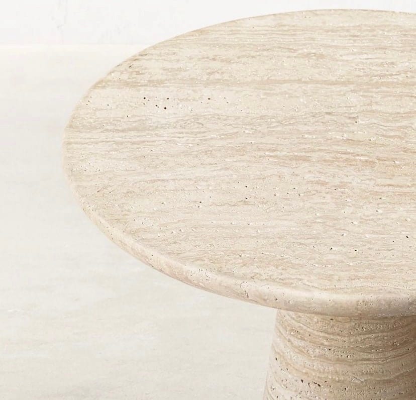 Pre-Order Natural Stone Travertine Side Table – Beige Marble Round Top End Table Crafted by skilled stonemasons