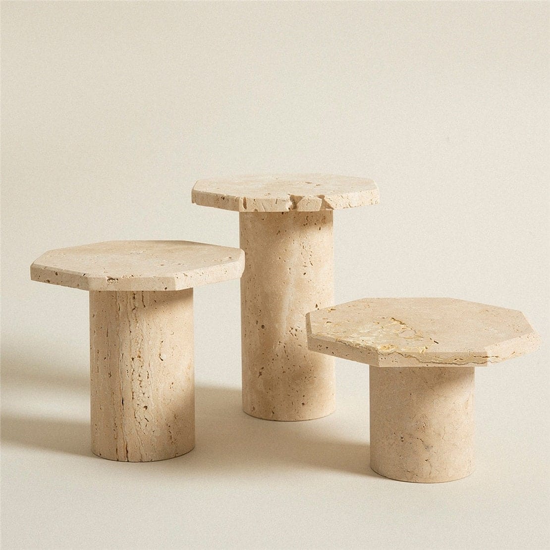 PRE-ORDER Natural Travertine Stand – Handmade Octagon Table Decor for Home and Office ( Small-Batch Created) Set of 3
