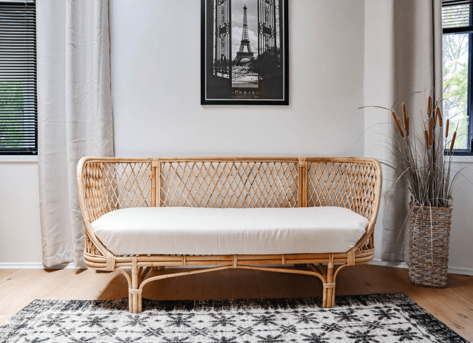 PRE-ORDER Rattan Loveseat - Upholstered Modern Sofa for Living Room, Bedroom, and Small Spaces - Natural Rattan Love Seat with Cozy Comfort