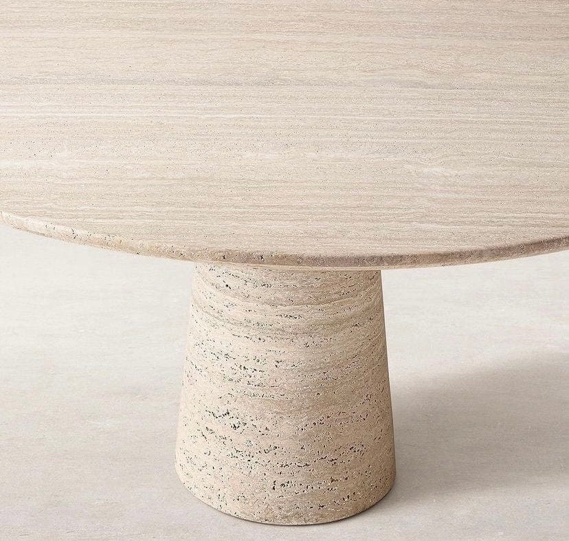 PRE-ORDER Travertine Round Dining Table – Italian Minimalist Style, Natural Stone with Single Funnel Leg, Custom Sizes Available