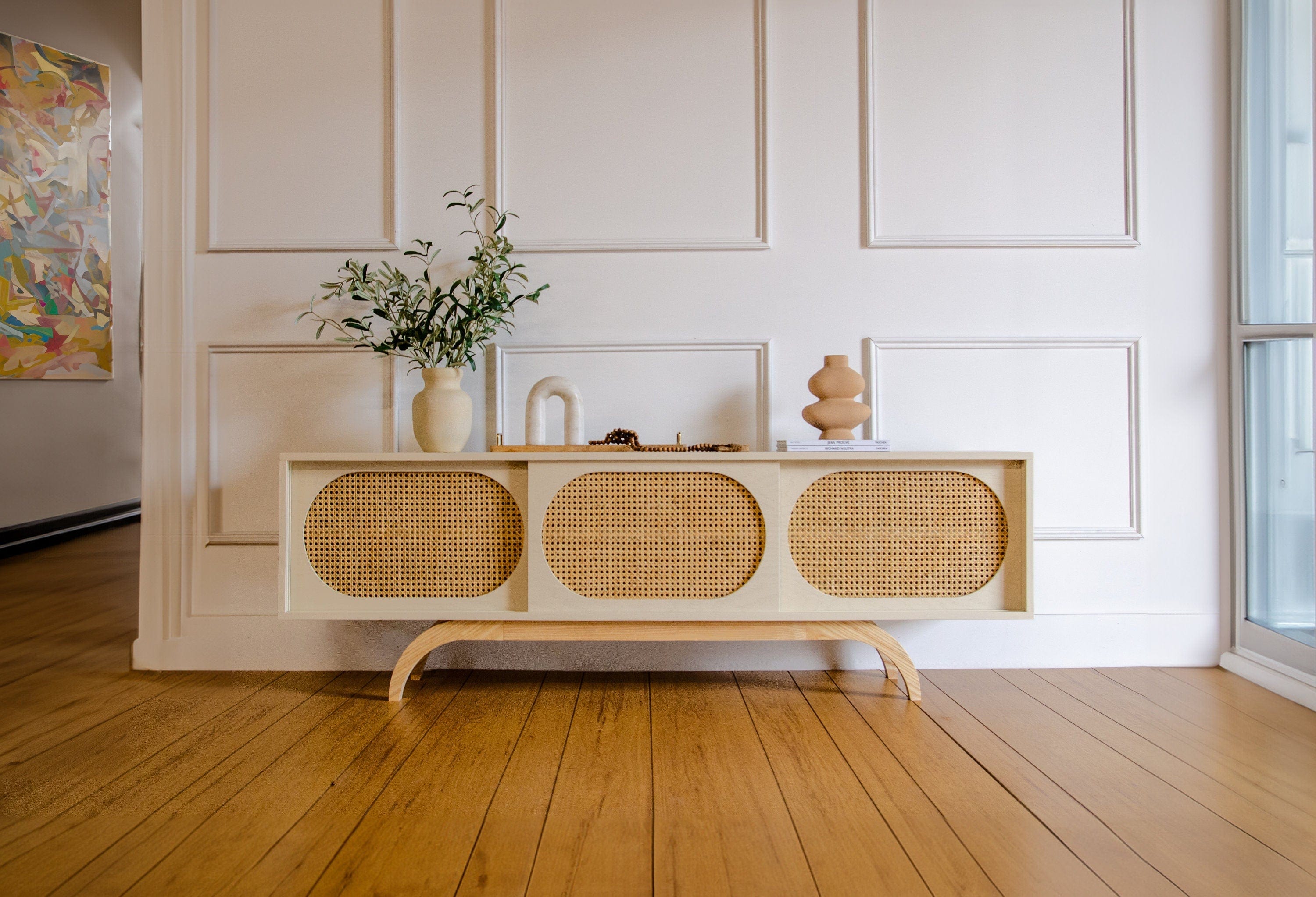 PRE-ORDER White Mid-Century Modern TV Stand – Cane Rattan Media Console with Sliding Doors