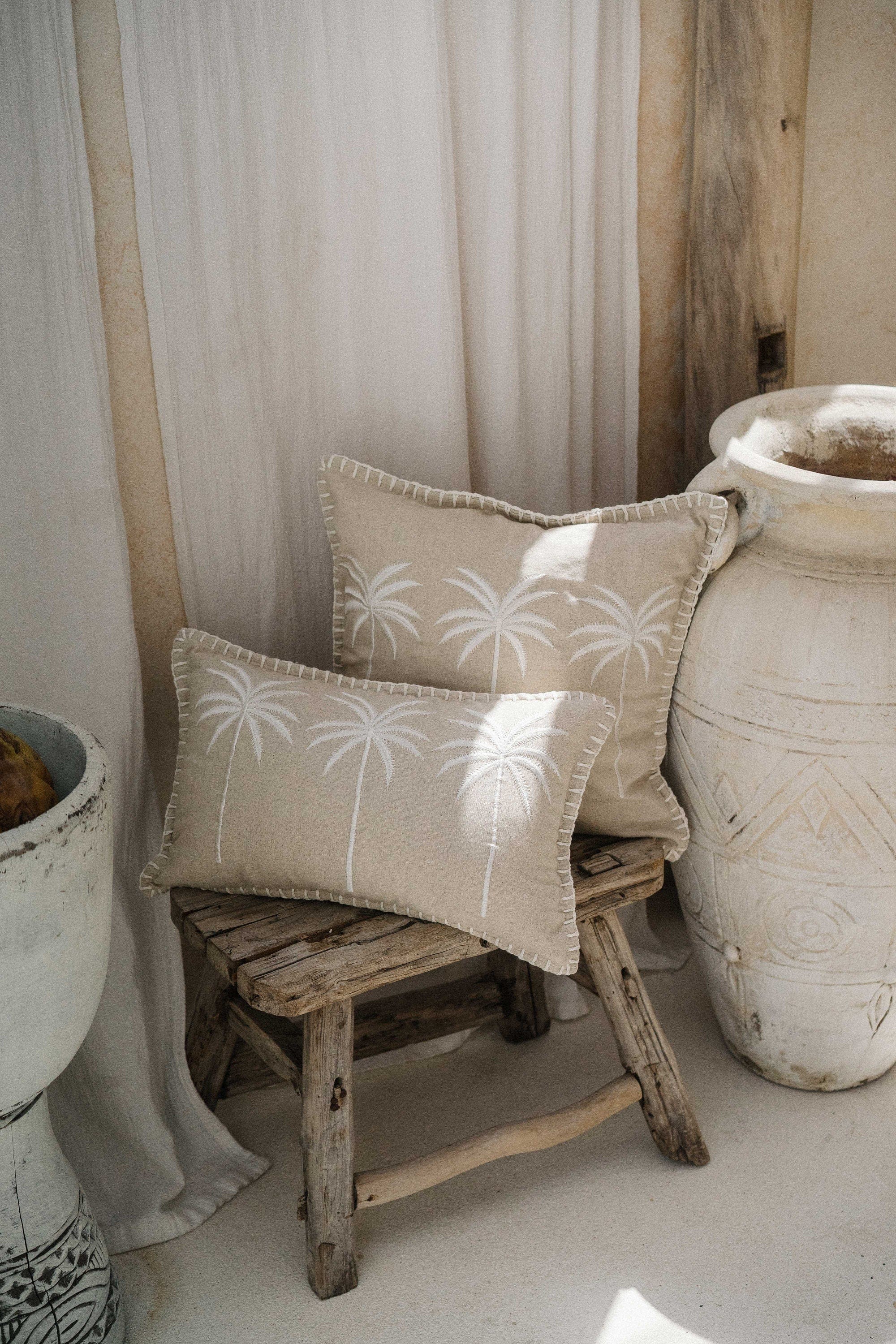 Premium Beige Linen Cushion Cover with Hand Embroidered Palm Trees, 30x50 cm and 45x45 cm, Handmade in Bali