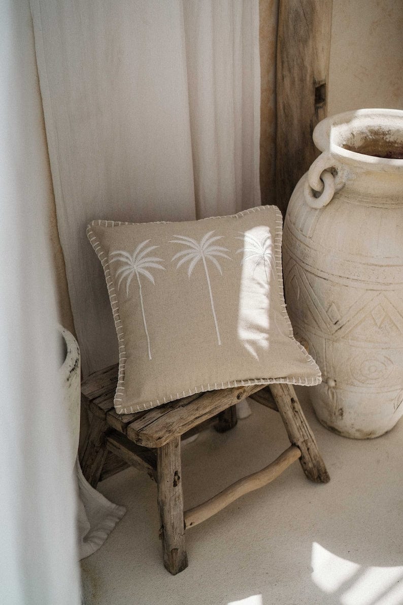 Premium Beige Linen Cushion Cover with Hand Embroidered Palm Trees, 30x50 cm and 45x45 cm, Handmade in Bali