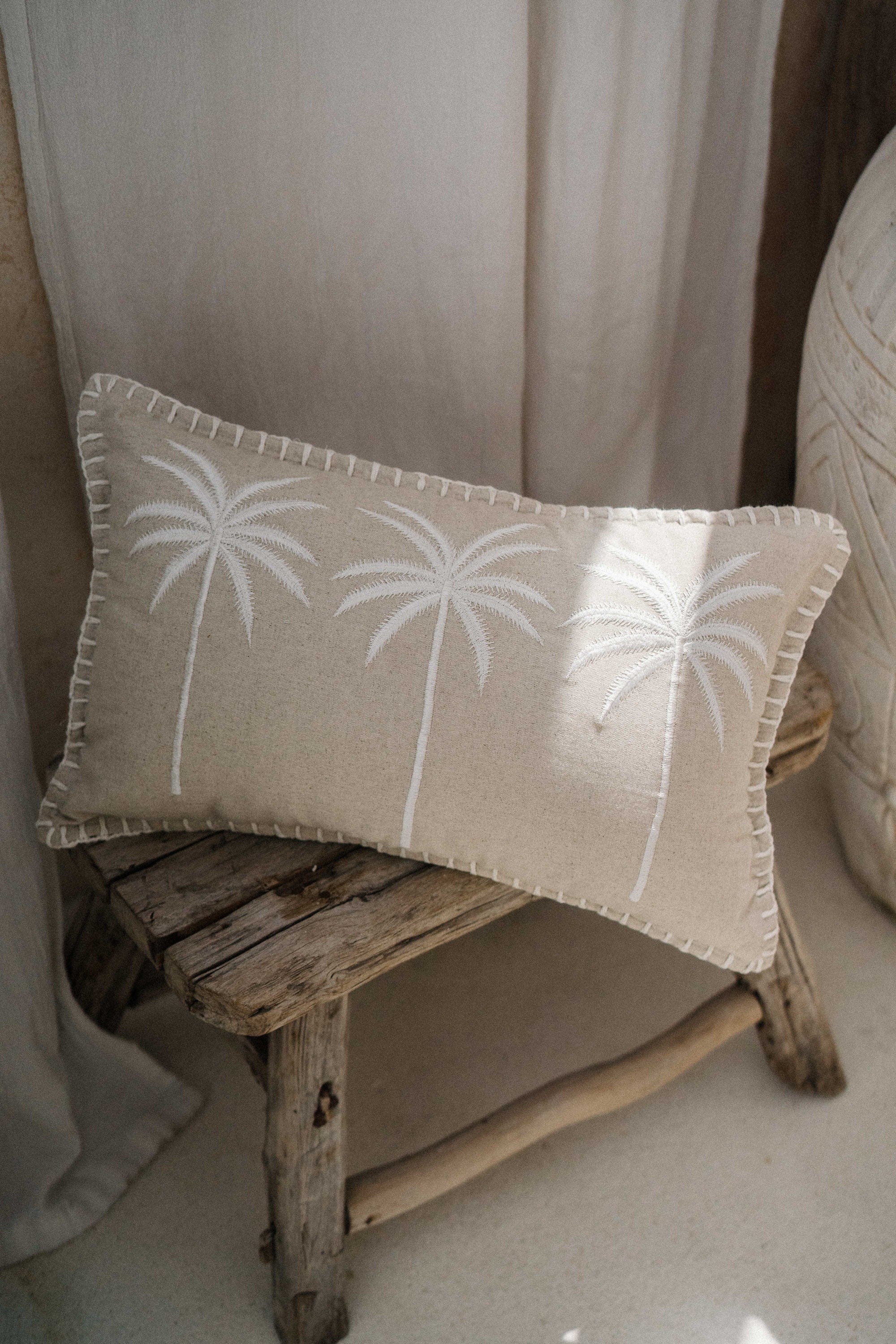 Premium Beige Linen Cushion Cover with Hand Embroidered Palm Trees, 30x50 cm and 45x45 cm, Handmade in Bali