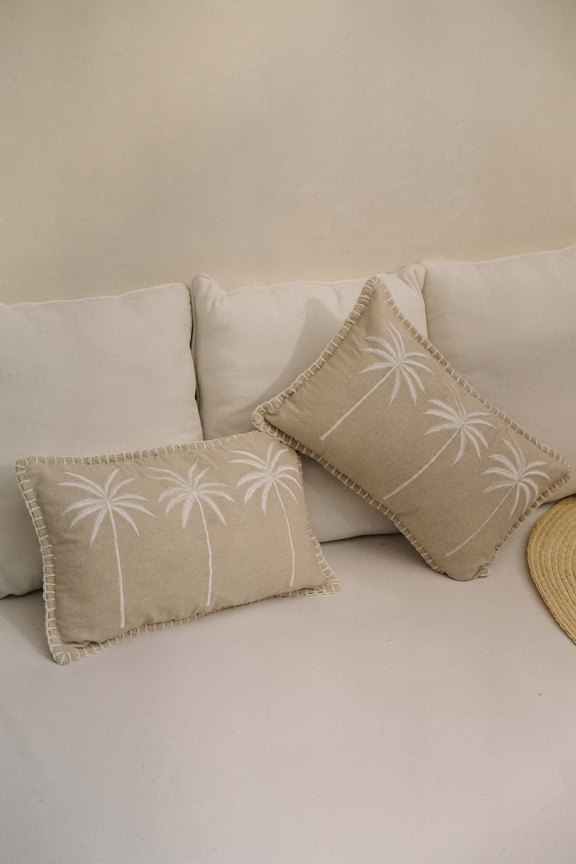 Premium Beige Linen Cushion Cover with Hand Embroidered Palm Trees, 30x50 cm and 45x45 cm, Handmade in Bali