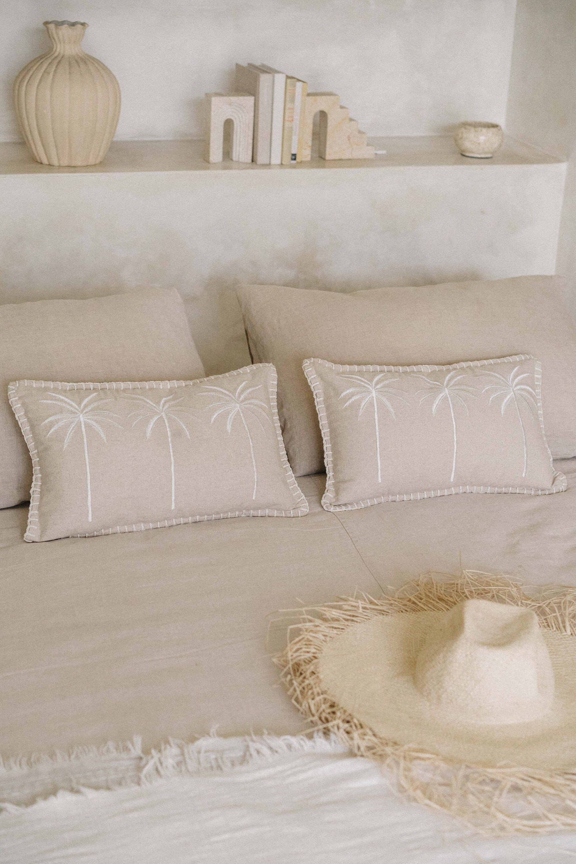 Premium Beige Linen Cushion Cover with Hand Embroidered Palm Trees, 30x50 cm and 45x45 cm, Handmade in Bali