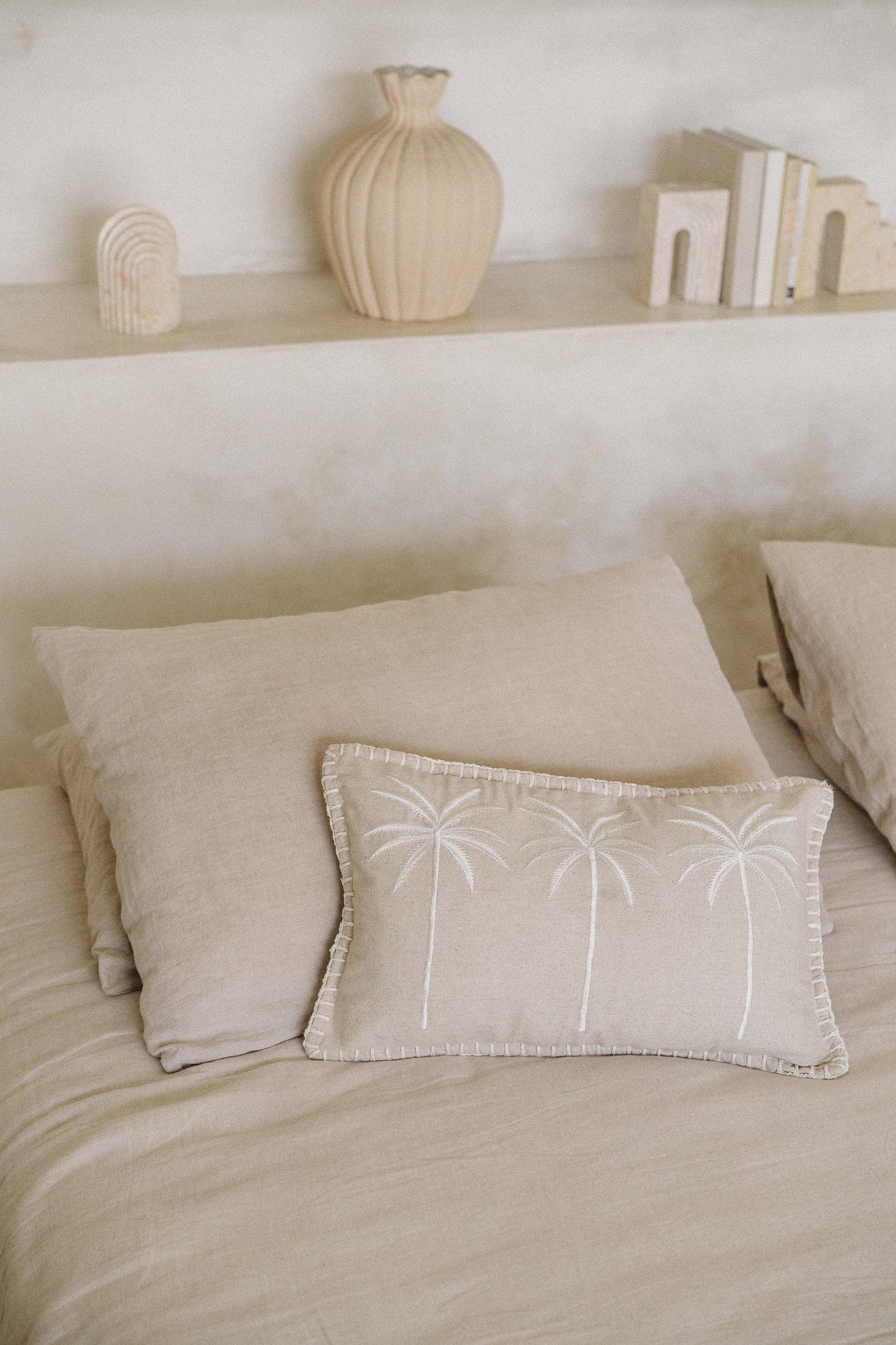 Premium Beige Linen Cushion Cover with Hand Embroidered Palm Trees, 30x50 cm and 45x45 cm, Handmade in Bali