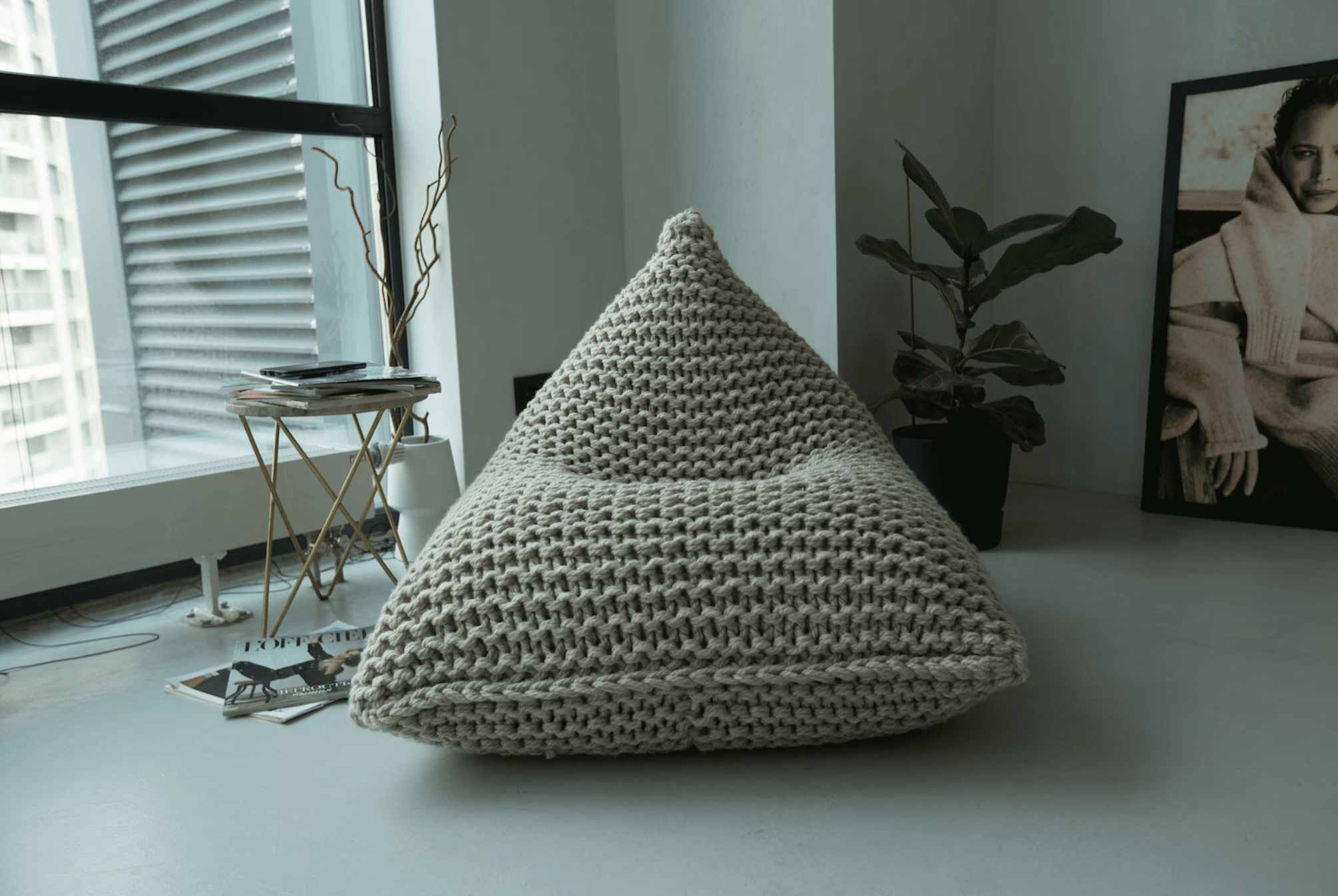 Premium Cream Knitted Wool Adult Bean Bag Chair - Versatile and Stylish Lounge Seating