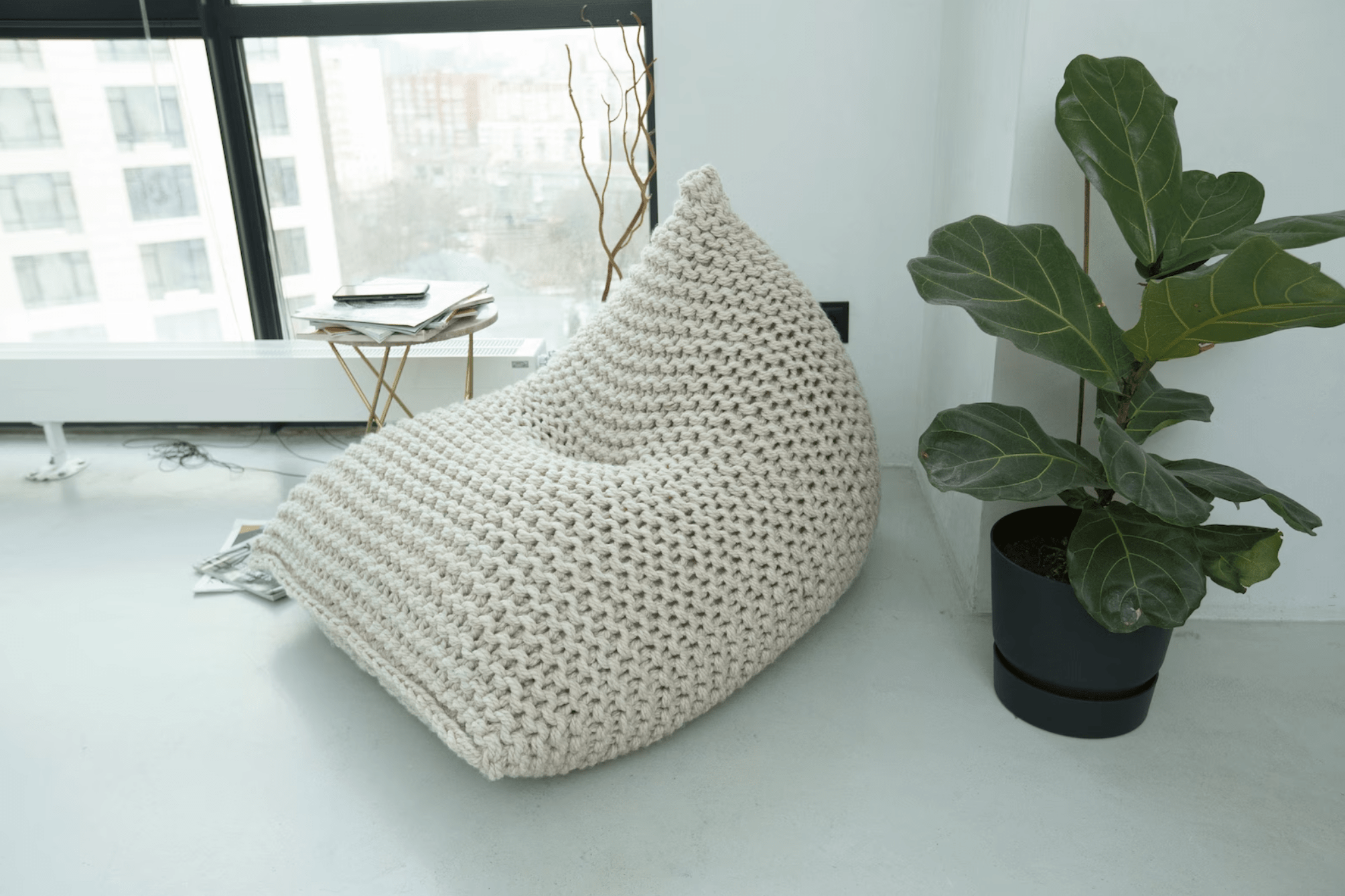 Premium Cream Knitted Wool Adult Bean Bag Chair - Versatile and Stylish Lounge Seating