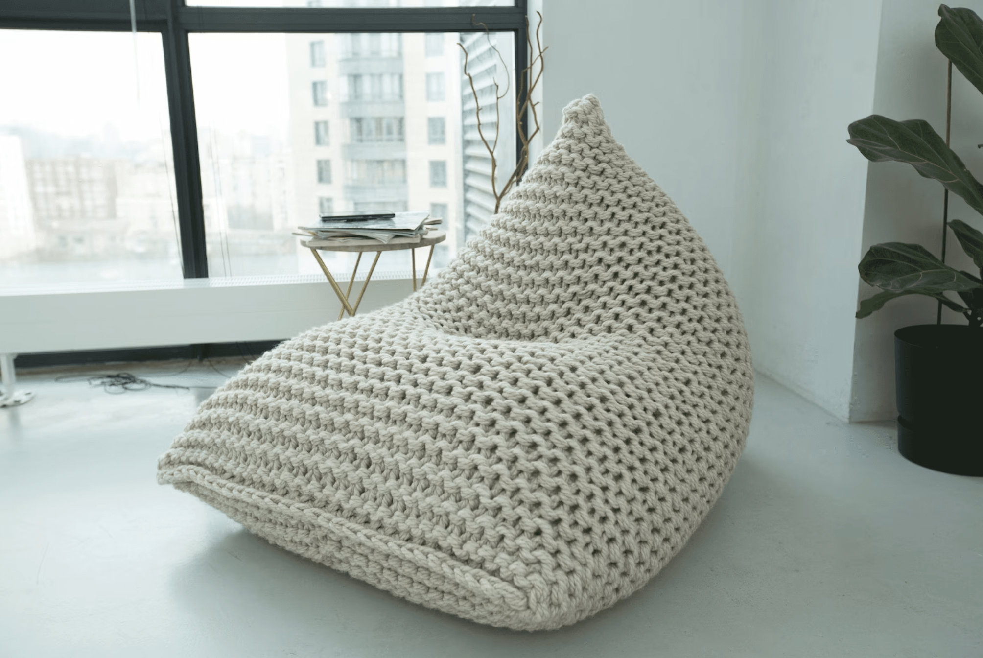 Premium Cream Knitted Wool Adult Bean Bag Chair - Versatile and Stylish Lounge Seating