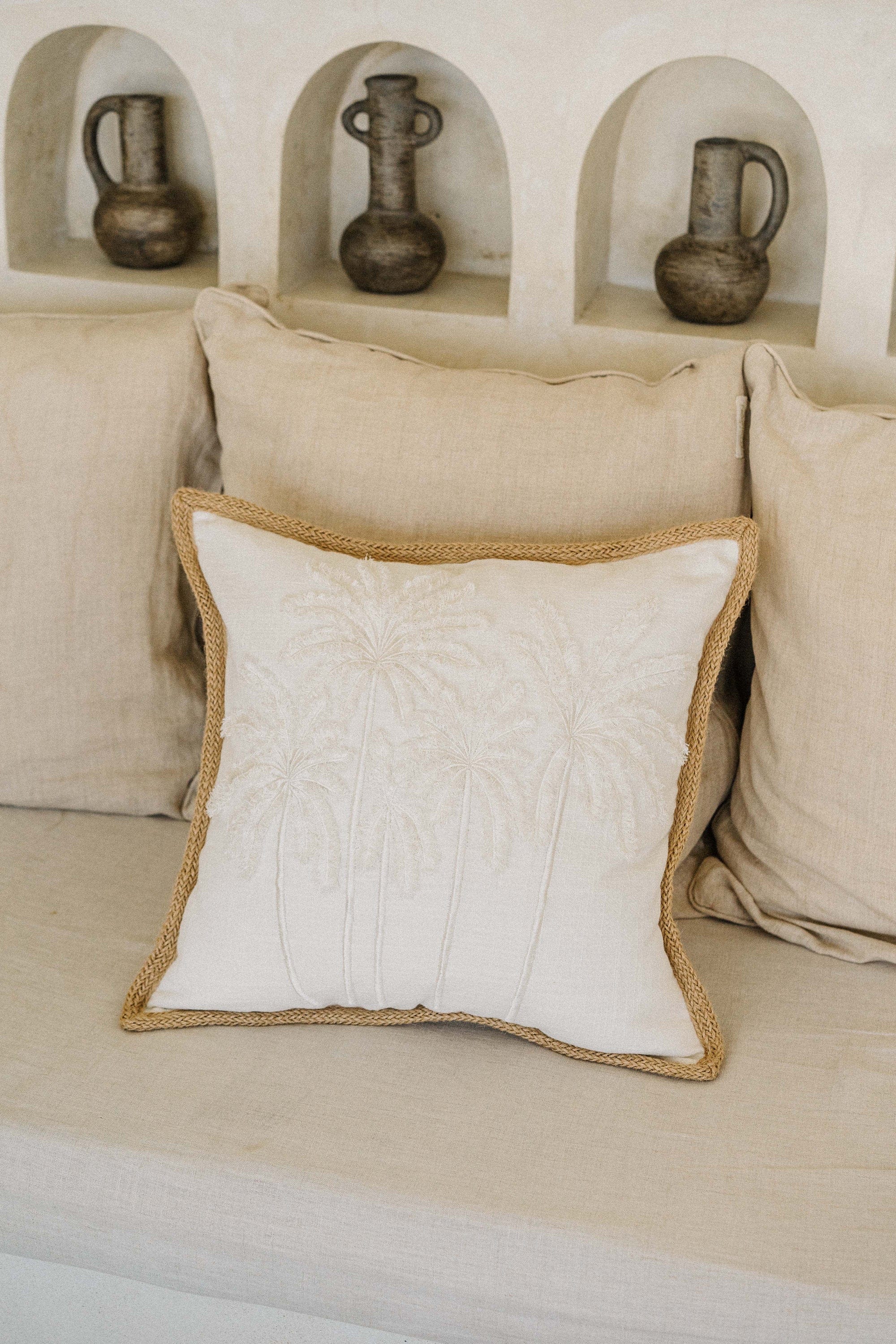 Premium Palm Cove Linen Cushion Cover with Jute Trimming, Hand Embroidered Palm Trees, 45x45 cm, Handmade in Bali